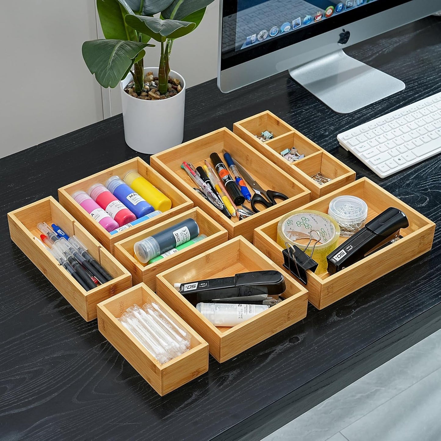 Fabsome Drawer Organizer, Set of 9 Bamboo Wood Kitchen Makeup Desk Junk Tea Drawer Storage Boxes Bins for Cutlery Silverware Utensils Flatware, Small Wooden Container Tray for Bathroom, Office