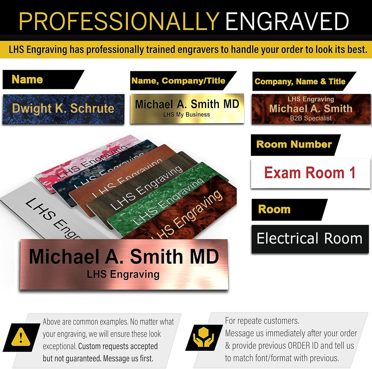 Engraved Name Plates for Door Sign Personalized Textured Copper Plastic Plaque with Black Letters - Made in USA 2x6 M2