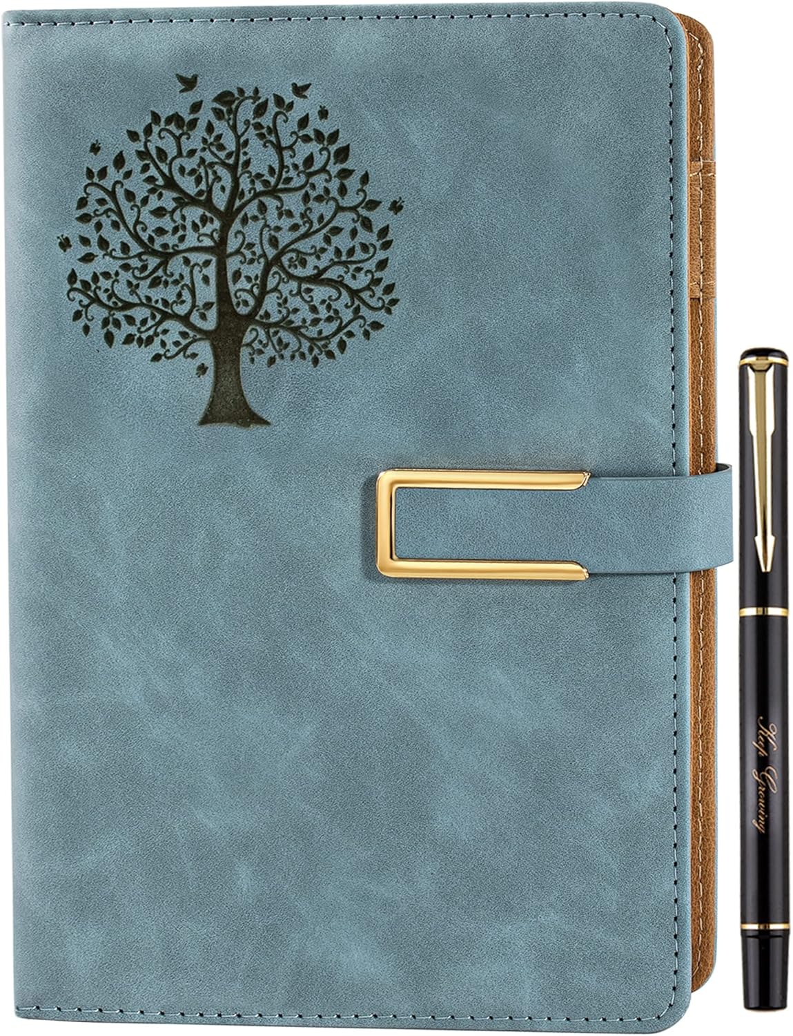 Fanery Sue Tree of Life Refillable Writing Journal for Women&Men Faux Leather Hardcover Notebook A5 College Ruled 200 Lined Pages Lay-Flat Diary with Pen&Magnetic Buckle (Tree of Life-Light Blue)