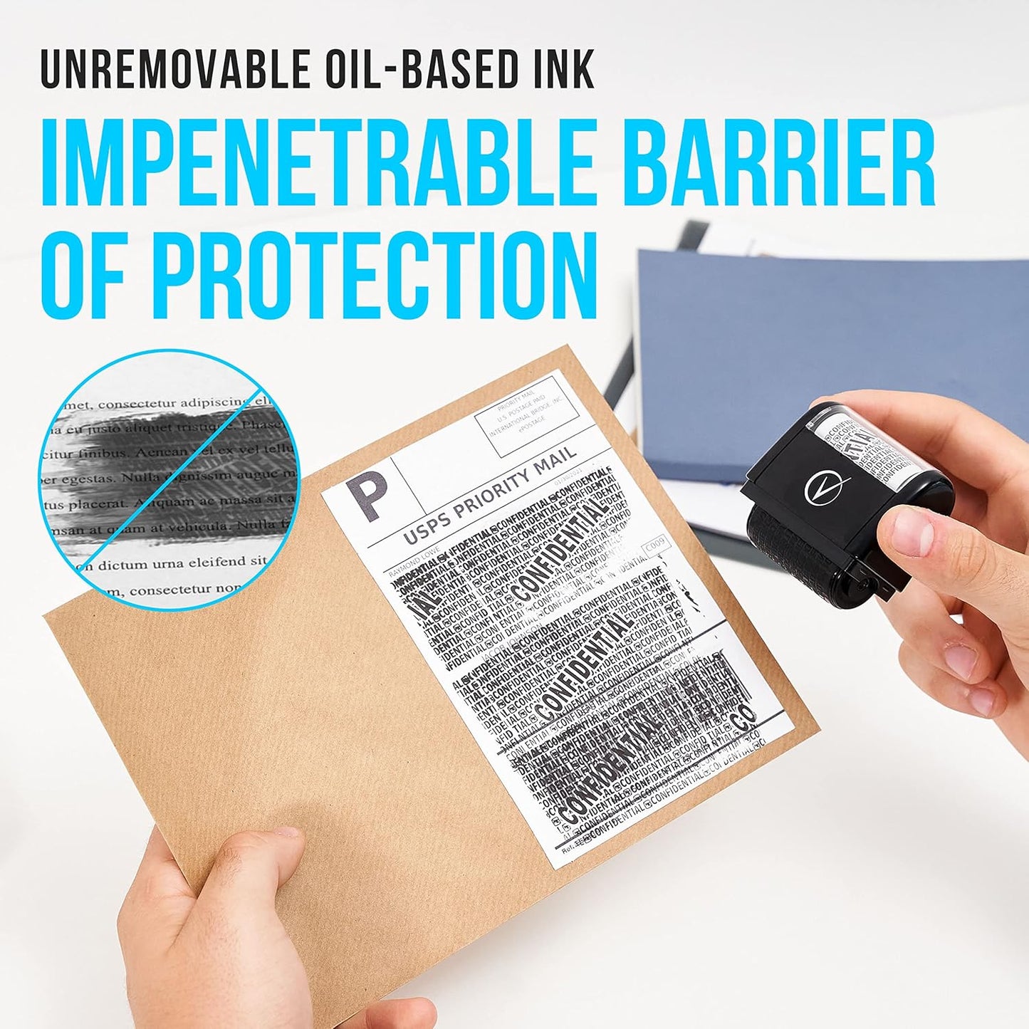 Vantamo Identity Theft Protection Roller Stamp for Hiding Sensitive Information, Wide Confidential Stamp with Box Cutter, Security Stamp Roller for Identity Theft Prevention, Black