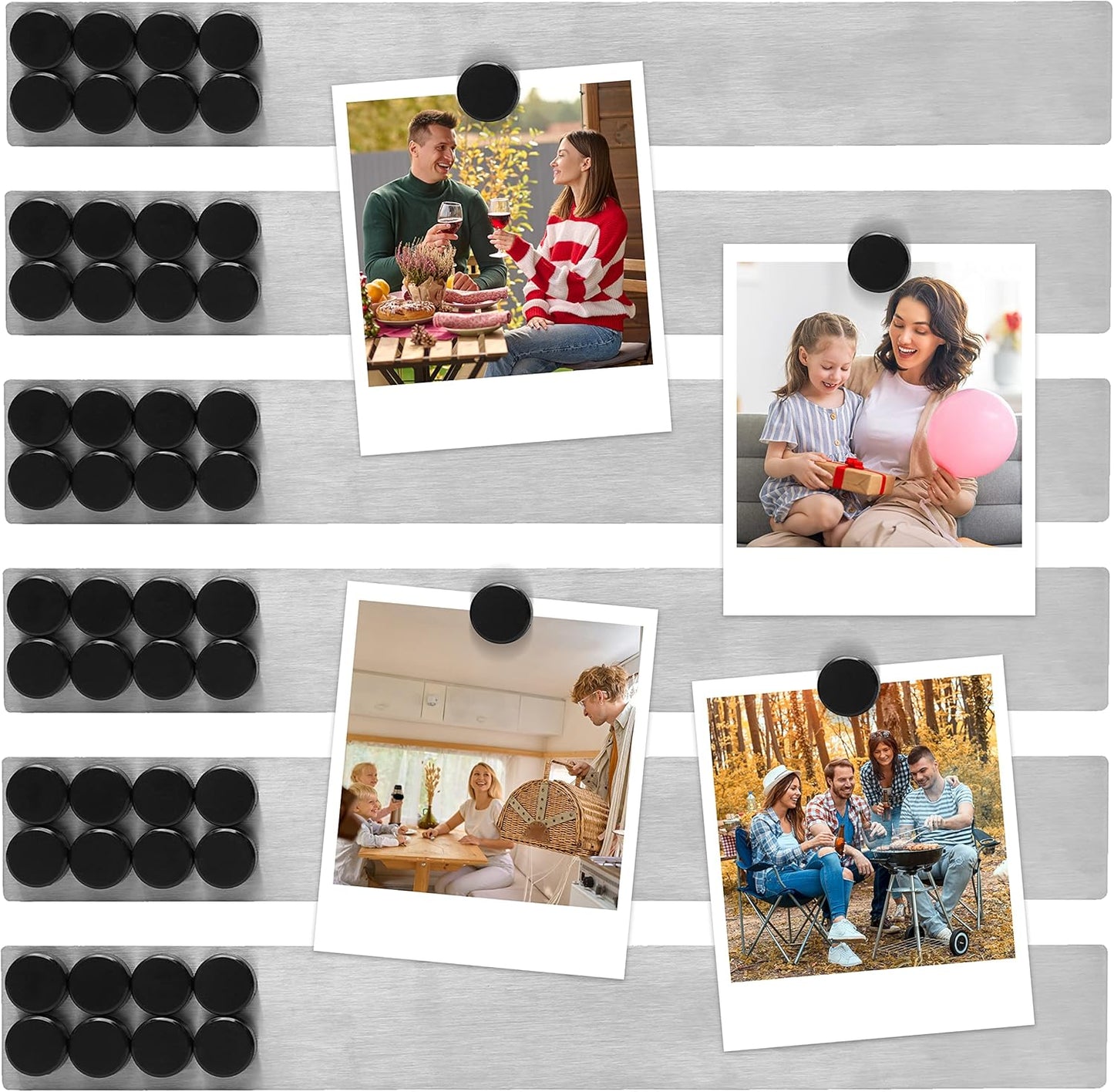 TonGass (6 Pcs, 2x15 Inches) Magnetic Strip with Adhesive Backing, Stainless Steel Strips Bulletin Bar Board, Metal Magnetic Strips for Wall with 48 Pcs Magnets for Home, Office, School Use