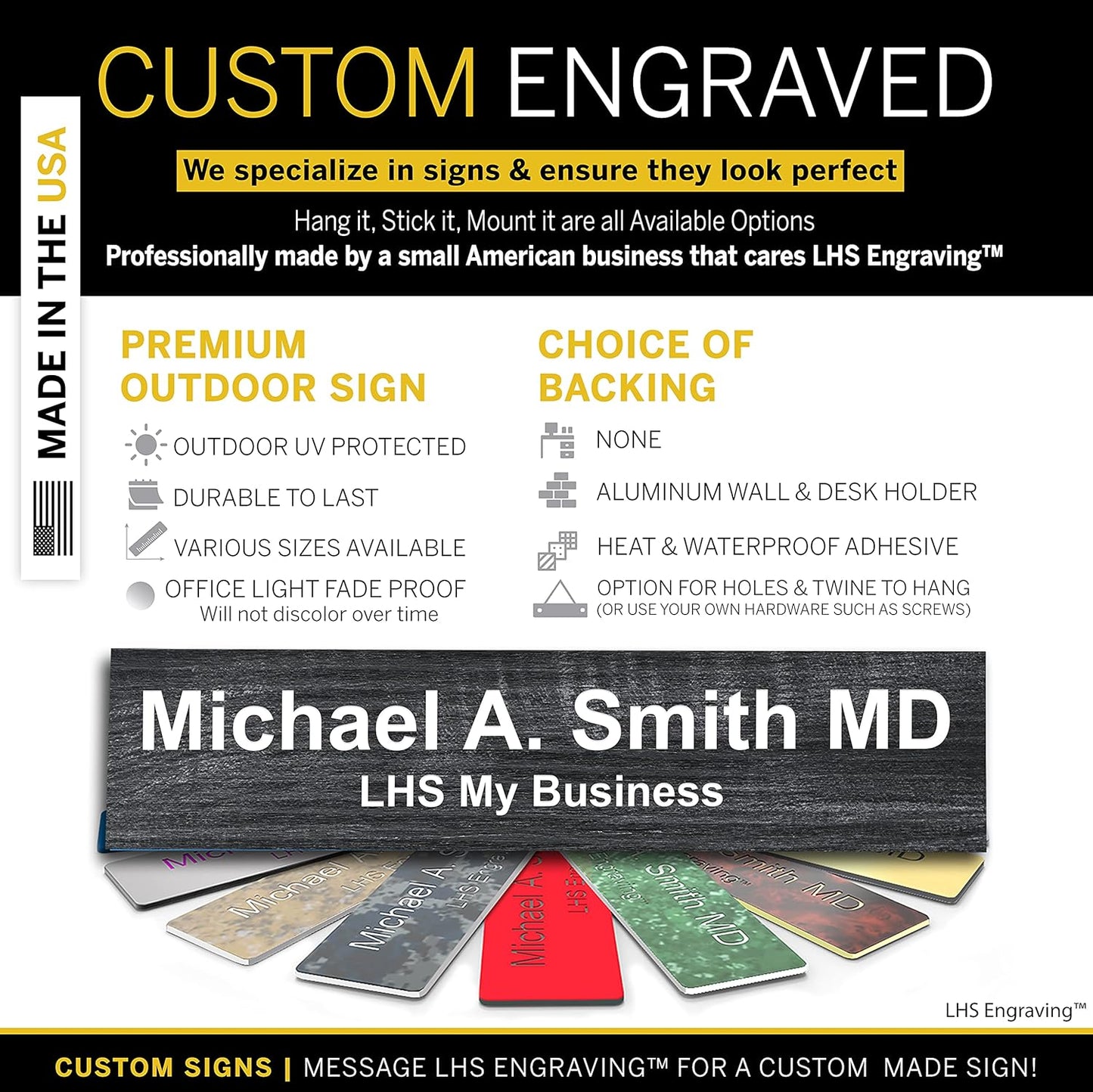 Door Name Plate Personalized for Office Ash Plastic Name Plate White Letters - Made in USA 2x12 N1