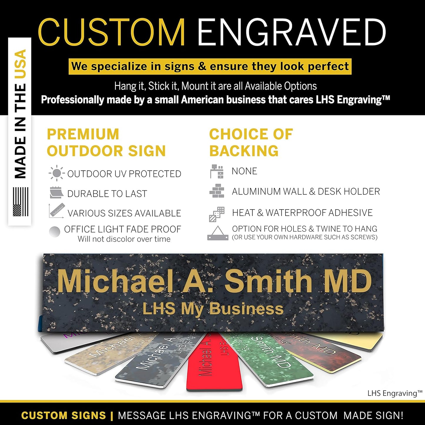 Engraved Custom Door Plate Charcoal Marble Pattern Plastic Office Door Sign with Gold Letters - Made in USA 2x6 S6