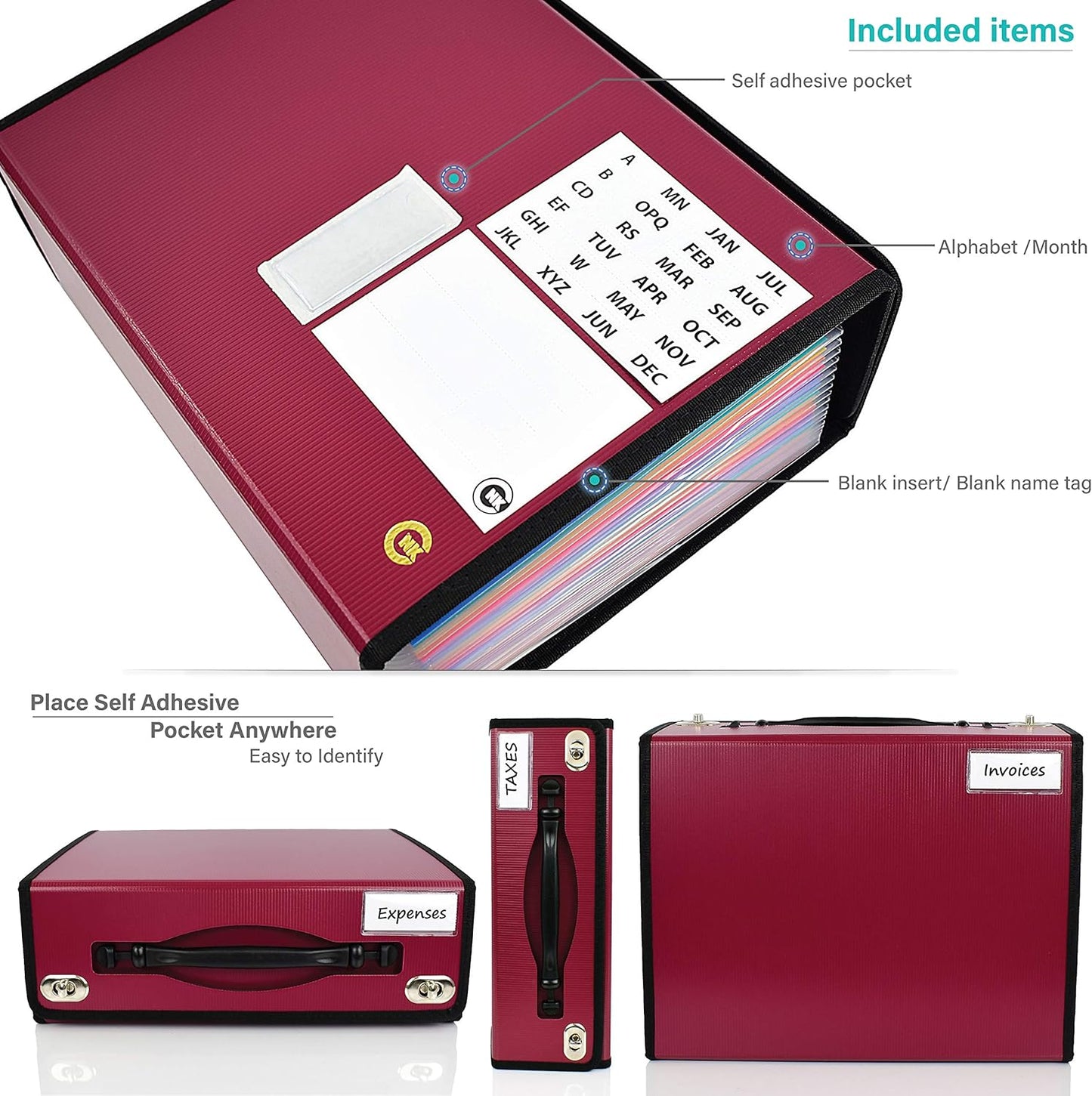 CNK Accordion File Folders with 24 Pockets Organizer for Document Paper Storage Folder Documents Expanding Binder Folio Pocket Receipt Filing Expandable Files Dividers Labels Letter Durable Handle