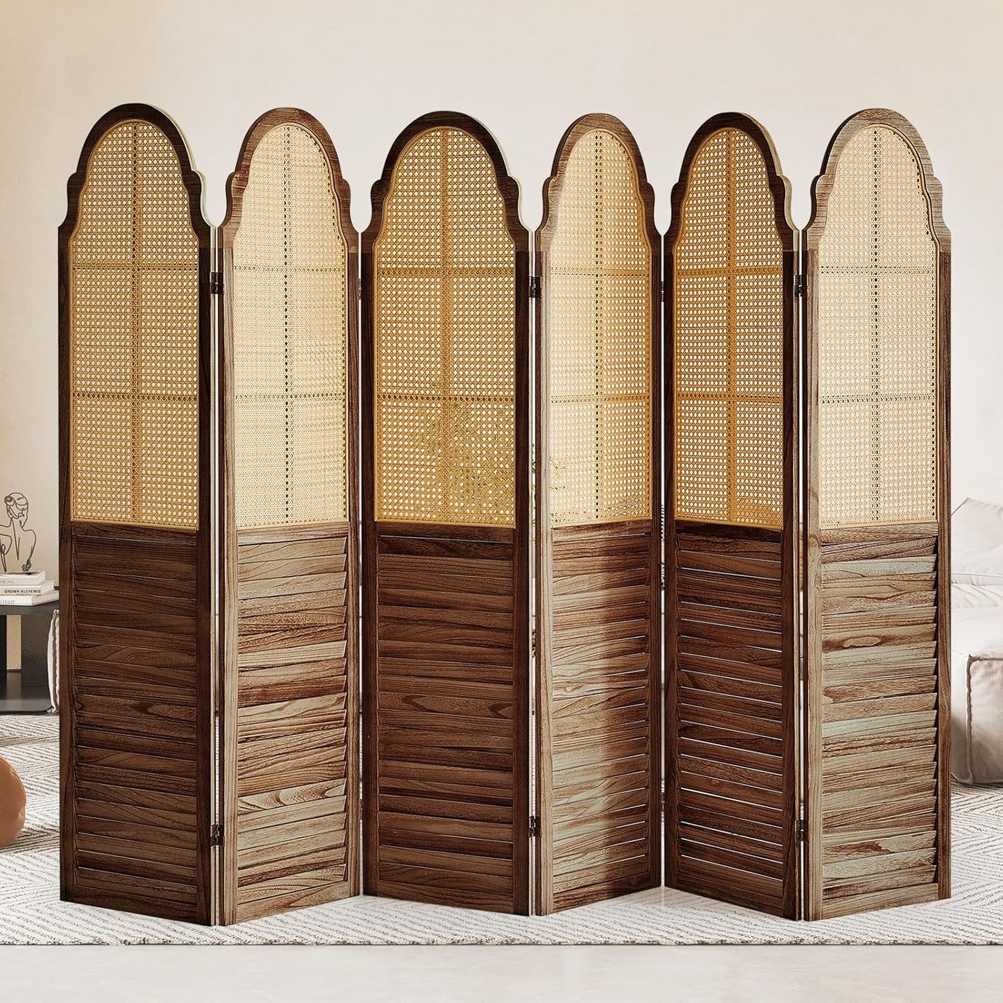 6 Panel Rattan Room Divider Panel, 5.6Ft Partitions and Dividers, Louvered Partition Divider, Room Dividers Screen, Solid Wood Frame, Folding Screen, Bedroom, Family Room, Dark Brown