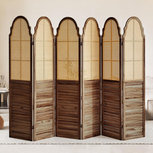 6 Panel Rattan Room Divider Panel, 5.6Ft Partitions and Dividers, Louvered Partition Divider, Room Dividers Screen, Solid Wood Frame, Folding Screen, Bedroom, Family Room, Dark Brown