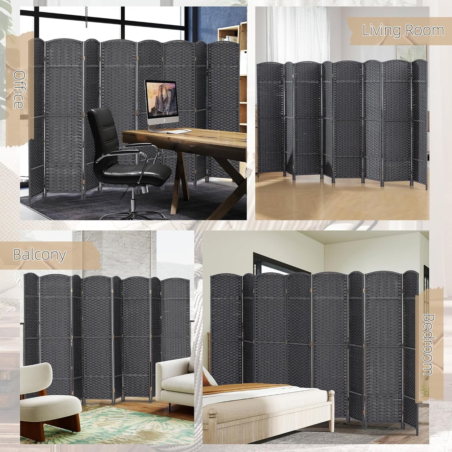 HOMCOM Room Divider, 8 Panel Folding Privacy Screen, 5.6' Tall Freestanding Partition for Home Office, Bedroom, Charcoal Gray
