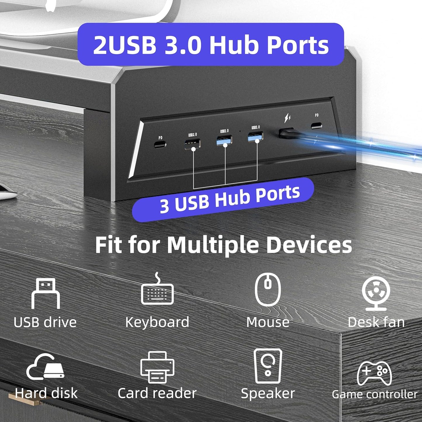 2-Tier Metal Computer monitor stand Laptop Desk Shelf & Monitor Riser ，27.55 inches long desk riser ,22W charging power, 2 USB 3.0 ports, and 1 USB 2.0 port Monitors/PC/Laptop/Computer Space Saver Organizer(USB Hub Fast Charging Version, Two-layer 700mm)