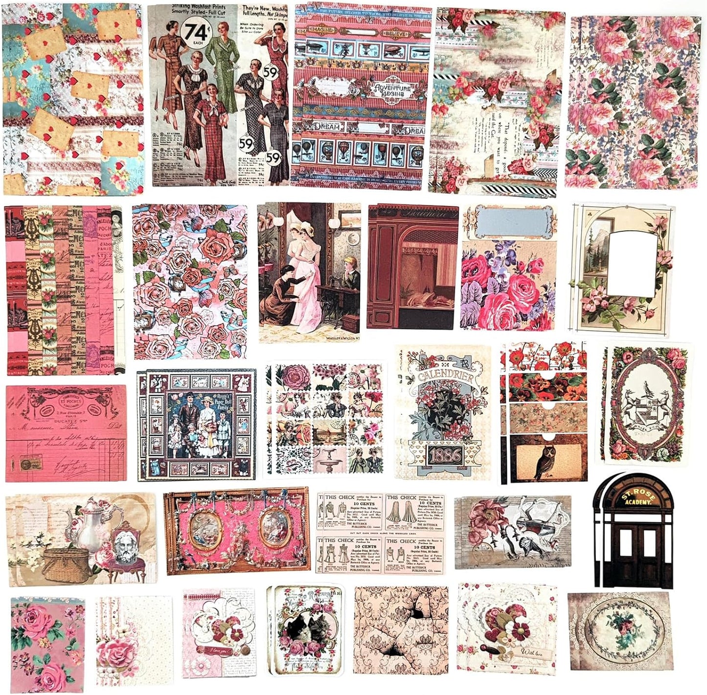 200PCS Vintage Scrapbooking Supplies Pack, Aesthetic Scrapbook Sticker Paper Art Journaling Kit for Bullet Junk Journals,Planner,Cottagecore Decor Gifts (Pink Retro Collection)