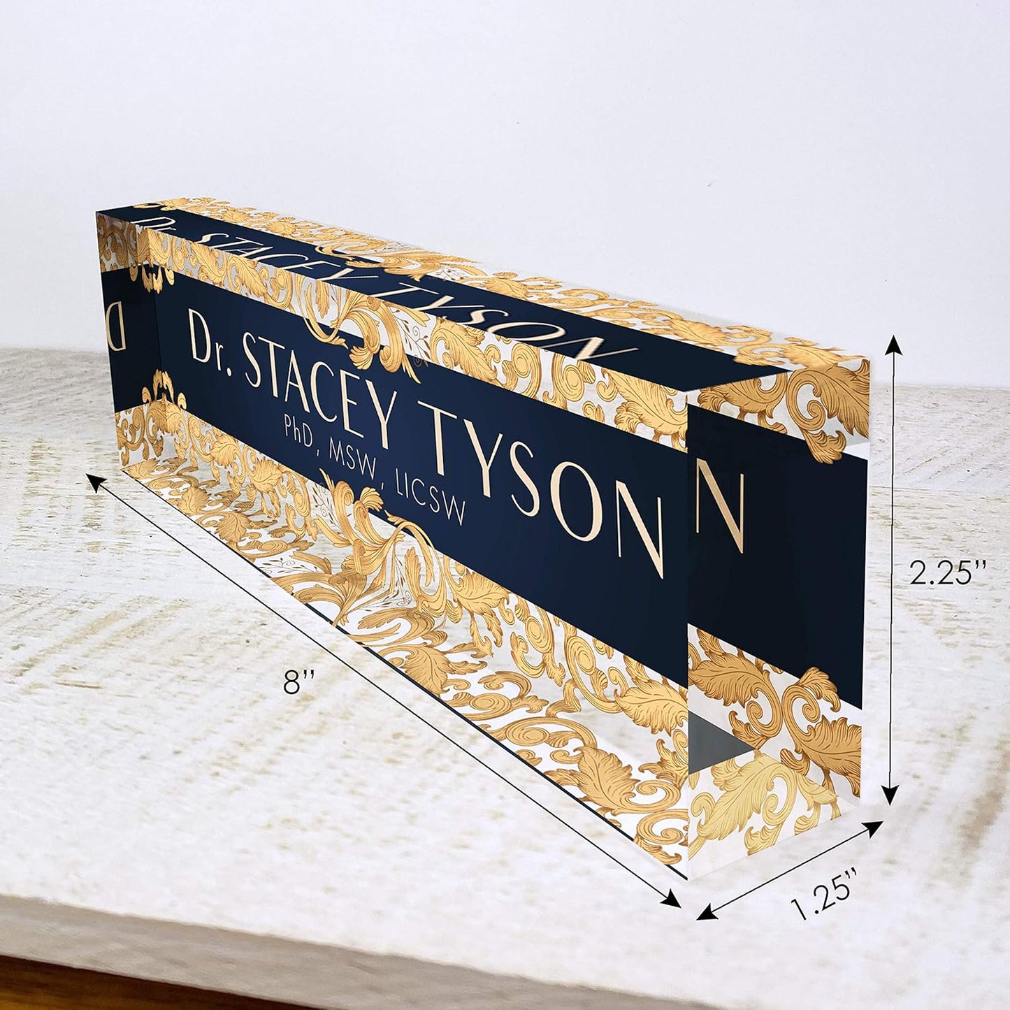 Artblox Office Desk Name Plate Personalized | Custom Name Plates For Desks | Leaf Gold Design On Clear Acrylic Glass | Cute Office Desk Accessories Customized Gifts - (8" x 2.5")