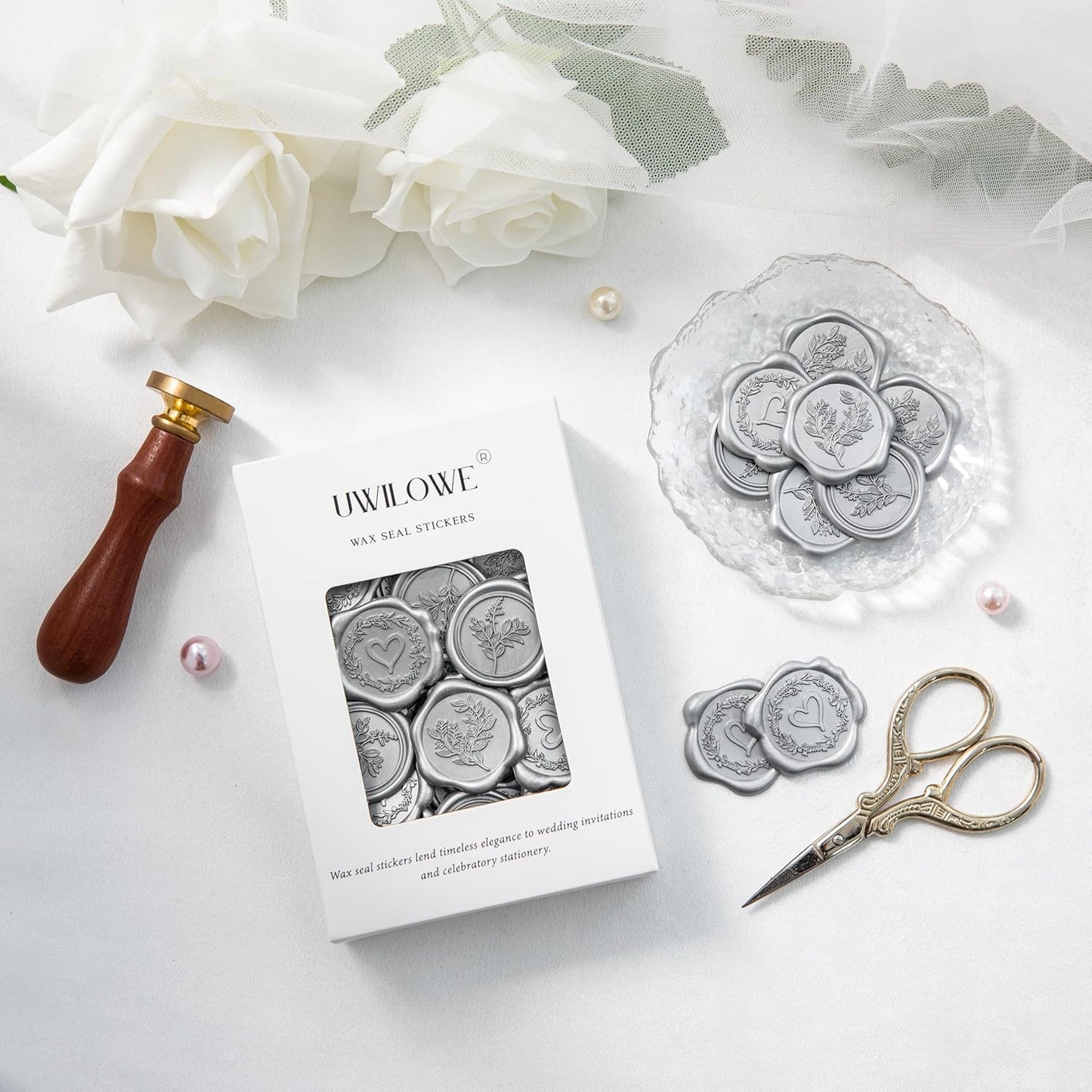 60 Pcs Silver Wax Seal Stickers Self-Adhesive Envelope Seals Stamp Stickers, Perfect for Wedding Invitations Seating Chart Christmas Gift Wrapping 3 Designs in 1 Pack