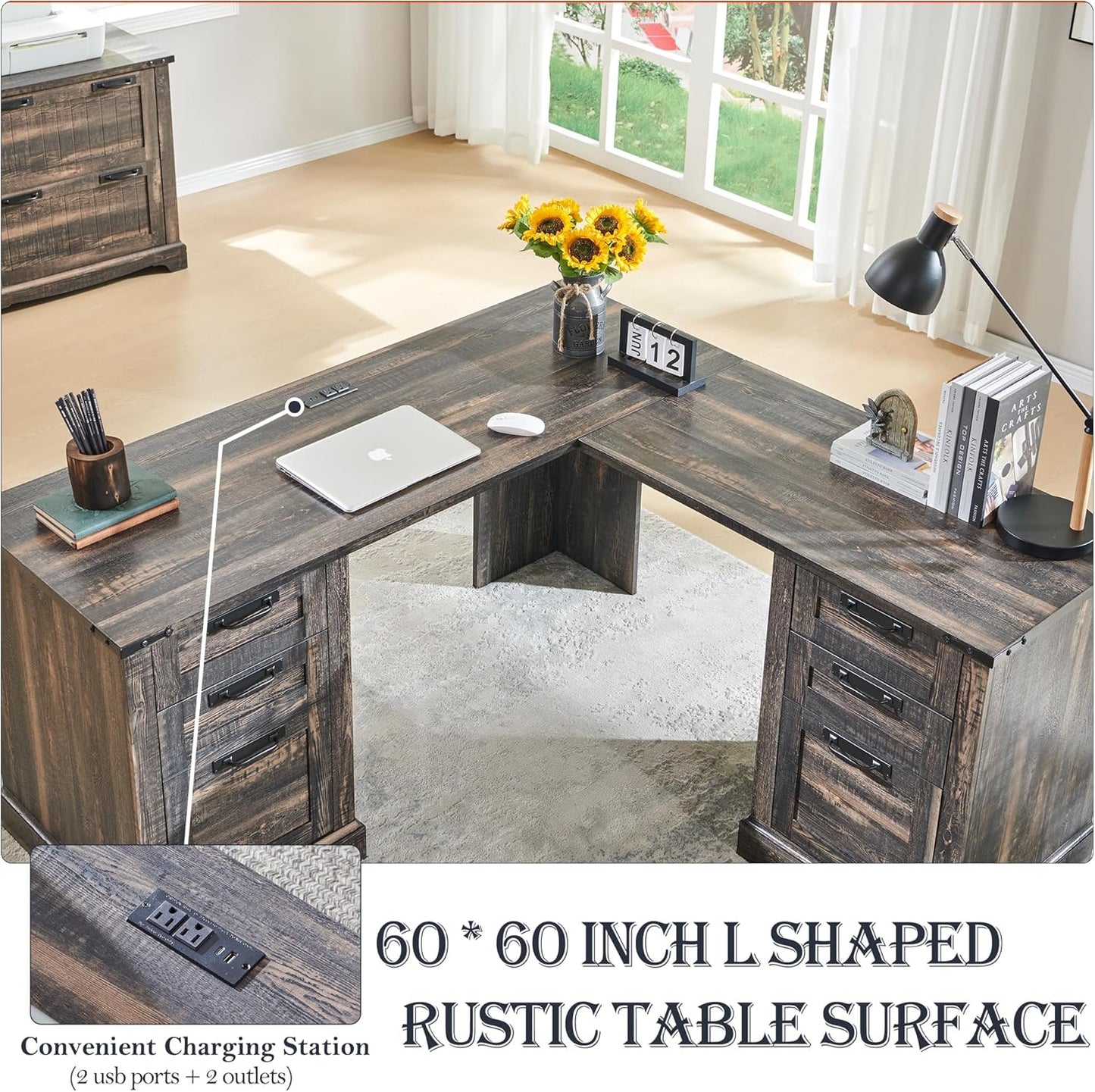 RedLemon 60" Farmhouse L Shaped Executive Desk with Drawers, Wood Home Office Corner Desk with Charging Station, File Drawer, Storage Cabinet, Rustic Computer Writing Desk (Dark Rustic Oak)
