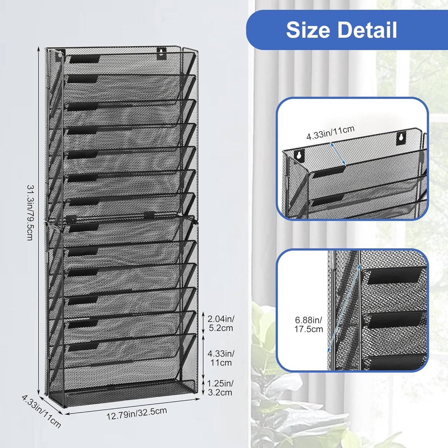 EasyPAG 14 Tier Wall File Holder with Flat Tray, Black | Easy Assemble Mesh Desk File Organizer | 13-Folder Paper Storage | Replaceable Classify Labels | Space Saving Mail Organizer for Office Home