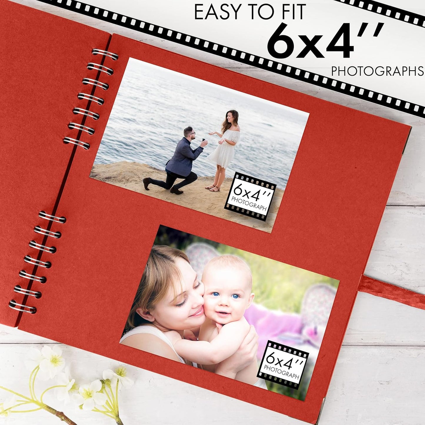 Bstorify 10 x 10 Inches Scrapbook Album 70 Pages Red Thick Kraft Paper Corner Protectors, Ribbon Closure - Ideal for Your Scrapbooking, Art & Craft Projects (Red, 10 x 10 Inch)