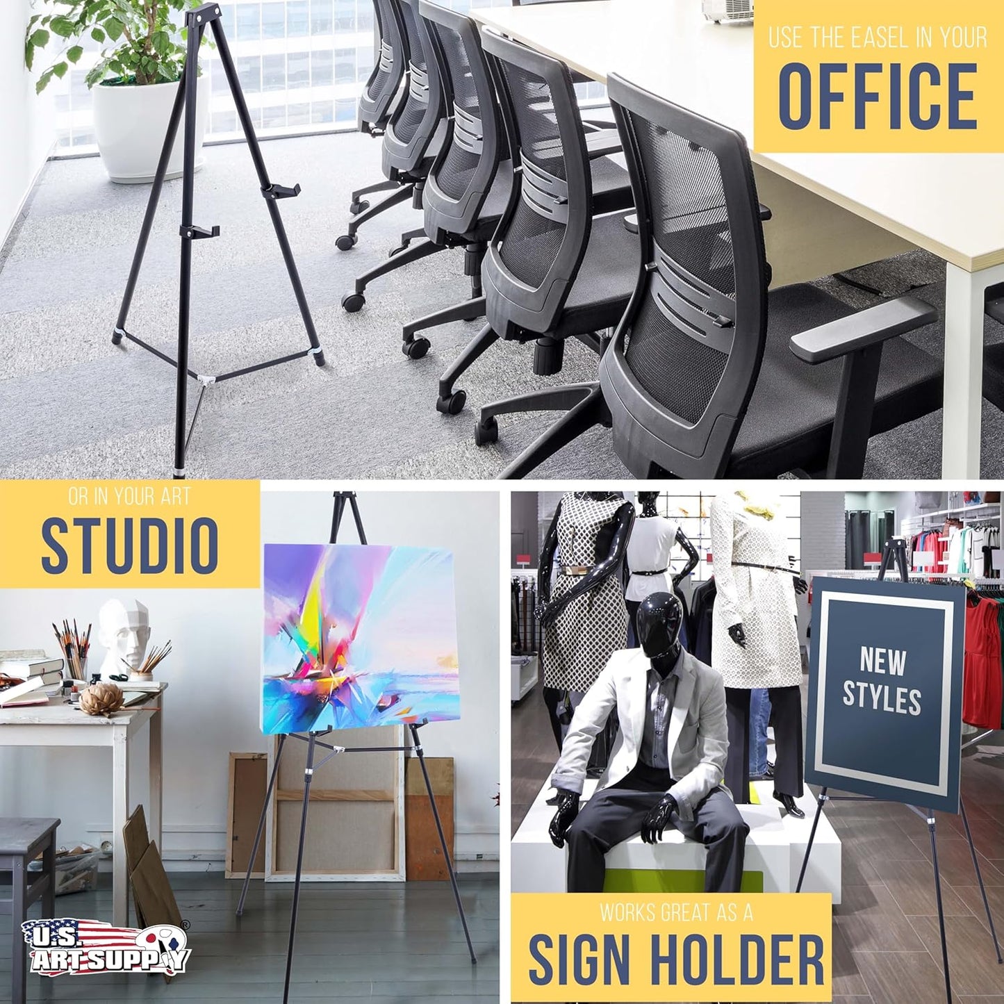 U.S. Art Supply 66" High Black Metal Display Art Easel - Large Adjustable Height Portable Easel Stand, Sign Display, Holds 25 lbs - Floor & Tabletop Easels, Sign Stand