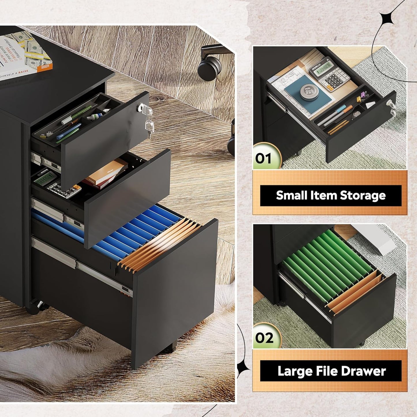 DEVAISE 3 Drawer File Cabinet with Lock, Metal Rolling Filing Cabinets for Home Office, Small Under Desk Cabinet with Slim Width (11.8 inch), Black