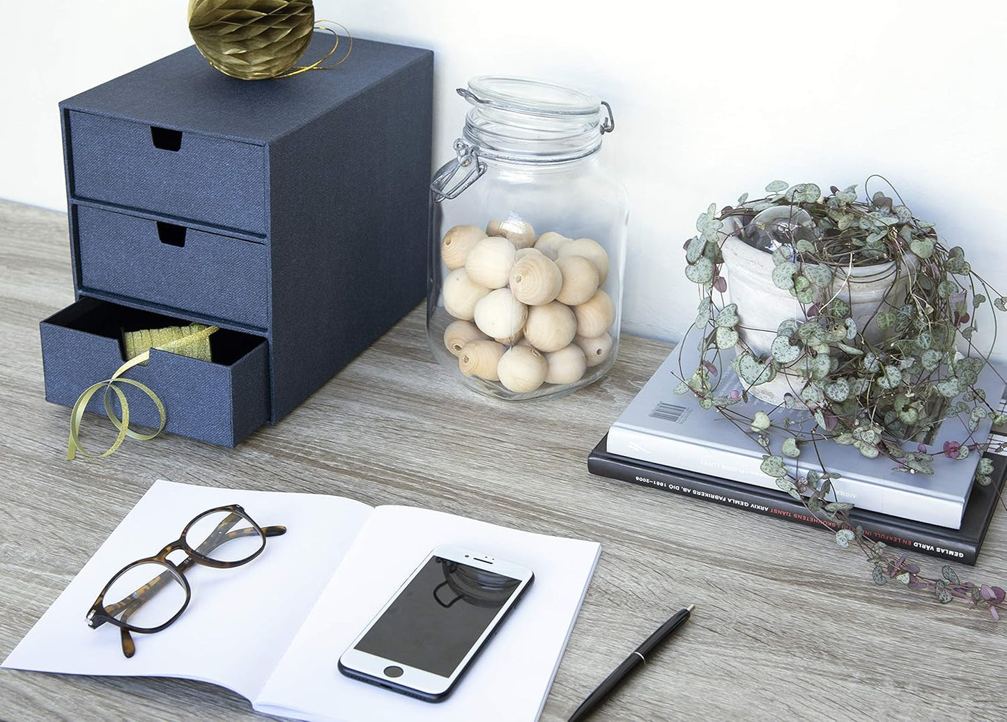 Bigso Box of Sweden Ingrid 3-Drawer Fiberboard Desk Organizer for Office Supplies and Accessories - Stackable Makeup Drawer Organizer - 6.3in x 9.9in x 8.1in - Blue