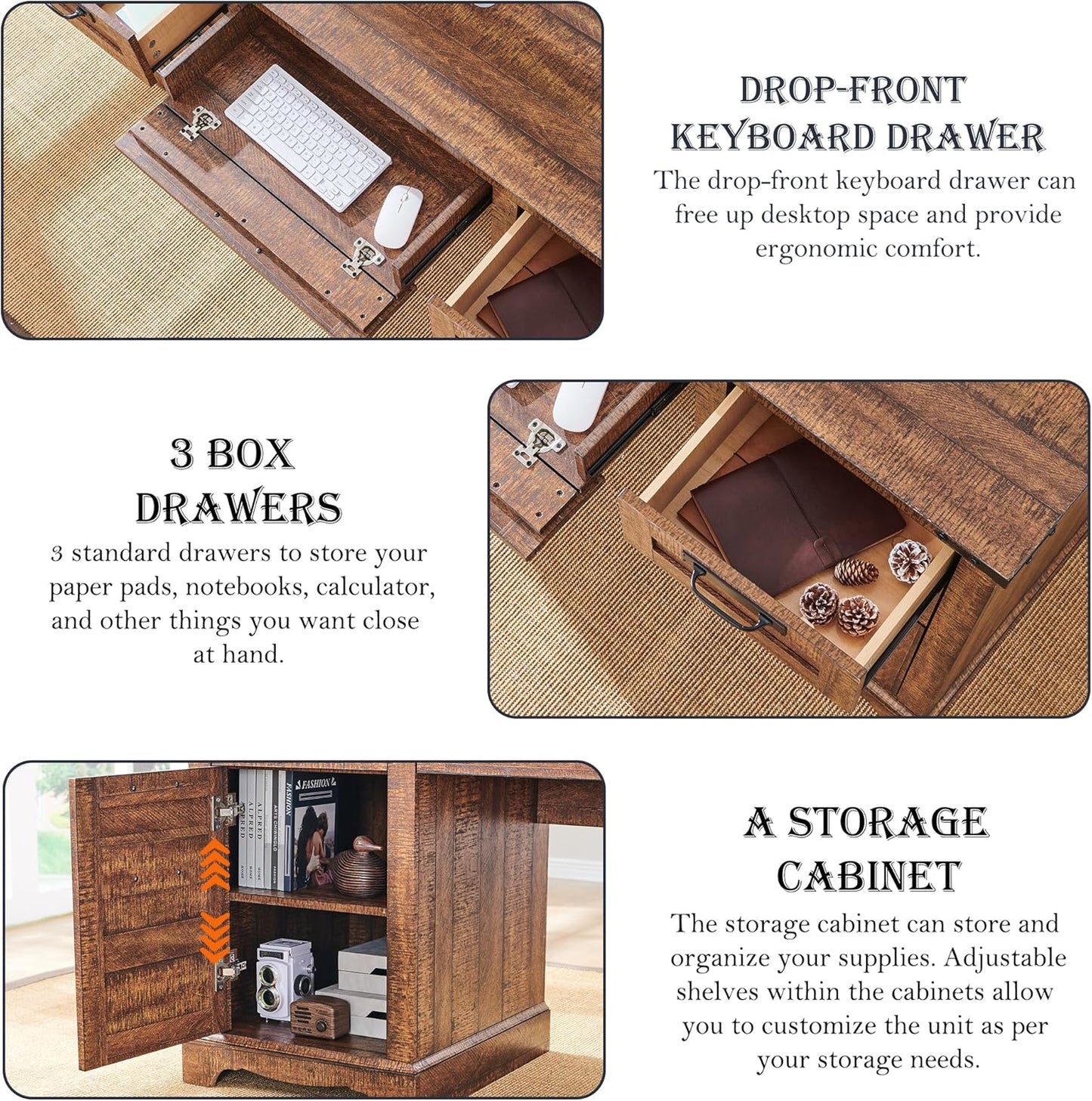 RedLemon 60" Farmhouse Executive Desk with Drawers, Wood Home Office Desk w/Charging Station, Keyboard Tray, File Drawer, Storage Cabinet, Rustic Computer Writing Desk (Reclaimed Barnwood)