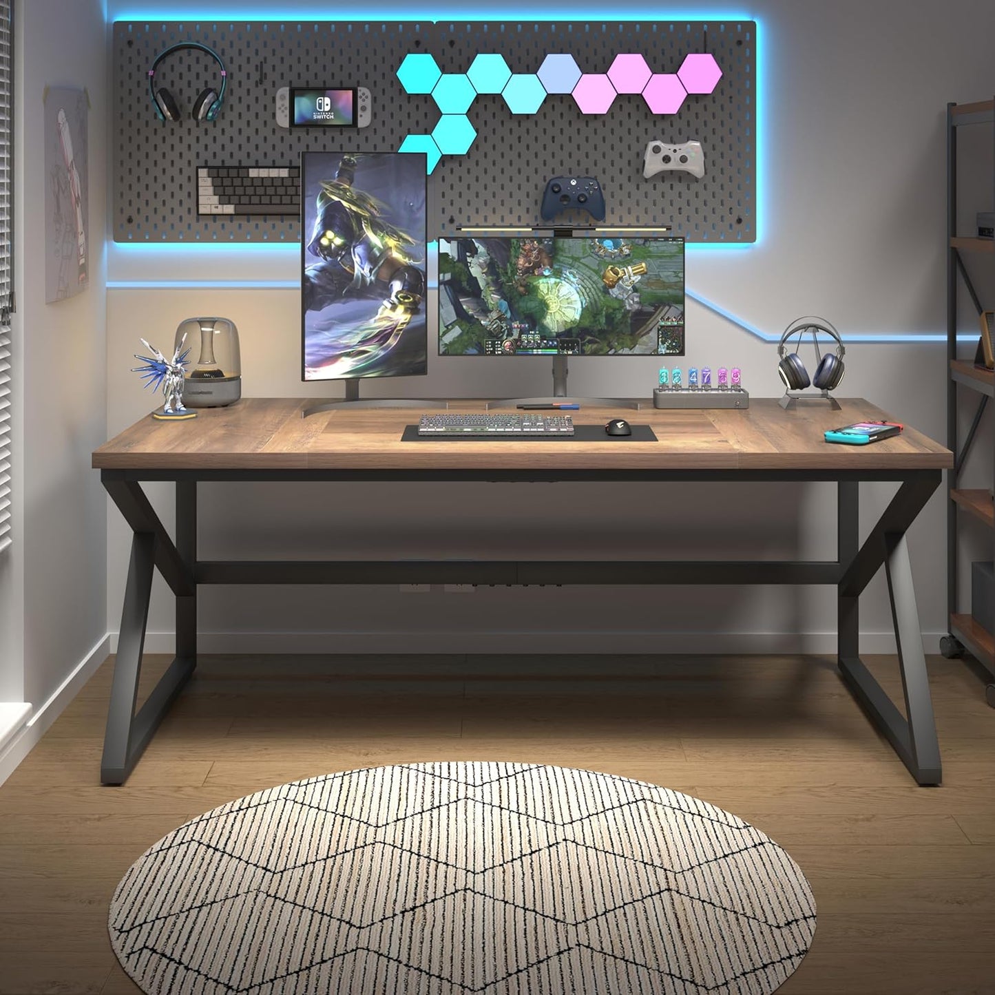 HSH Large Home Office Desk, Modern Wood Metal Computer Desk for Two Person, Extra Long Executive Writing Study Gaming Double Desk Workstation, 70 Inch Rustic Bedroom Living Room Table for 2 Monitors