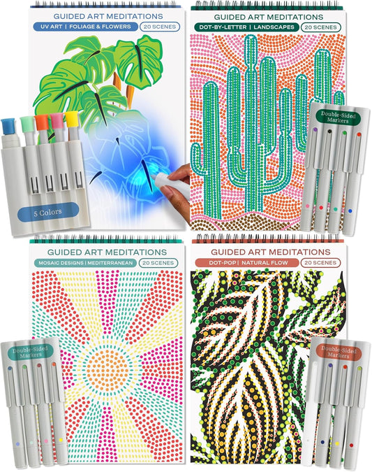 Lifelines FlowArt Activity Pad, 4-Pack - Guided Art Meditations with Markers - Color by Letter, Dot-Pop and More, Coloring Books for Teens, Adults & Seniors
