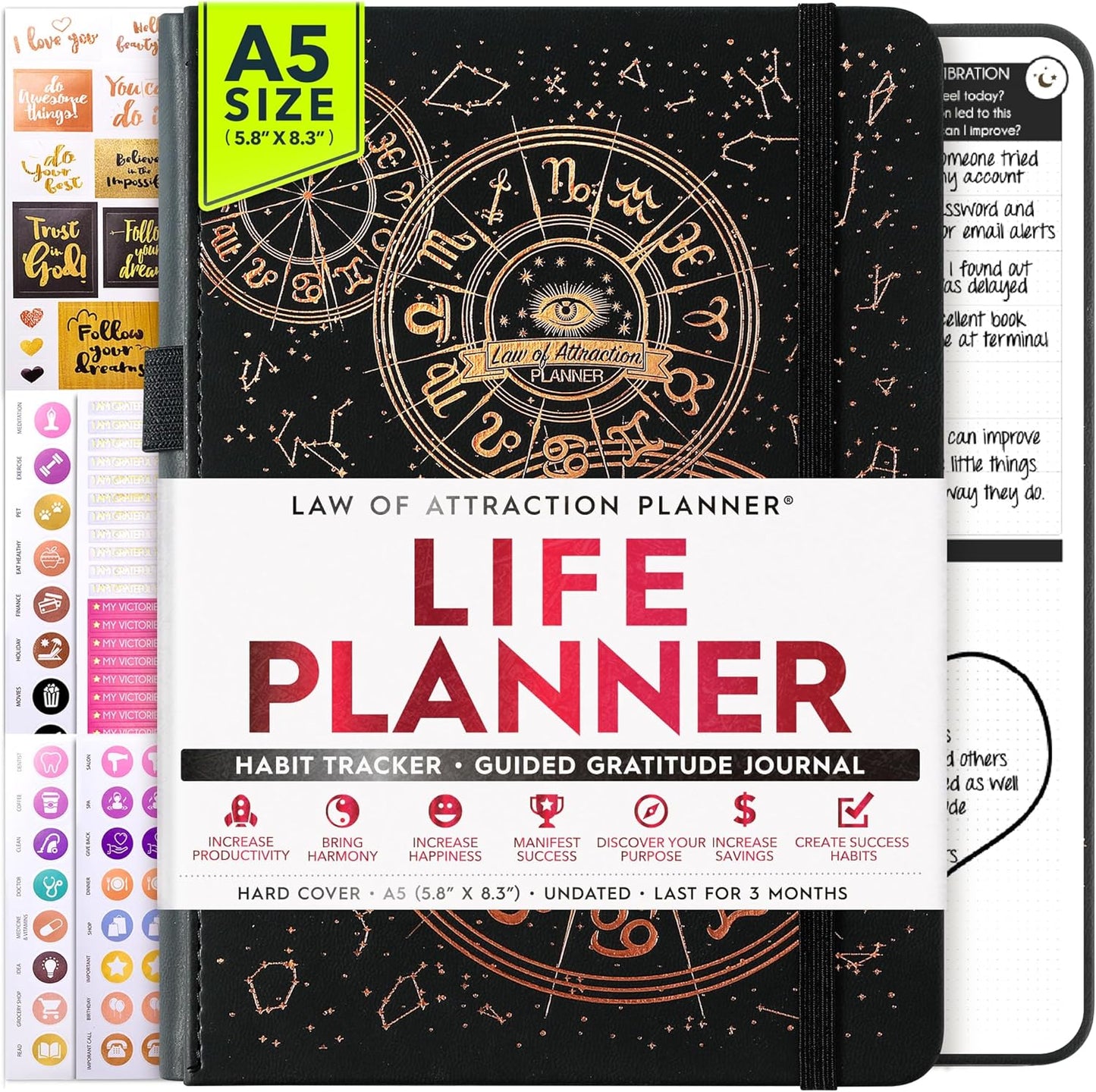 Life Planner - 5 Minute Daily Gratitude & Manifestation Journal | Positivity & Affirmation | Guided Mindfulness, Self Care & Mental Health Journal | 90-Day Undated Planner, Vision Board & Stickers
