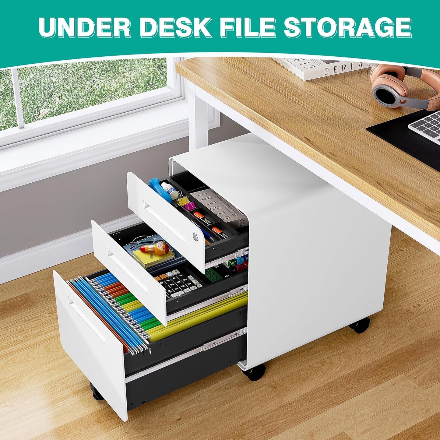 3 Drawer File Cabinet with Lock,Under Desk File Cabinet,White Rolling File Cabinet,Three Drawer Filing Cabinet for Home Office with Wheels,Fit A4/Letter/Legal File,Fully Assembled Except Casters