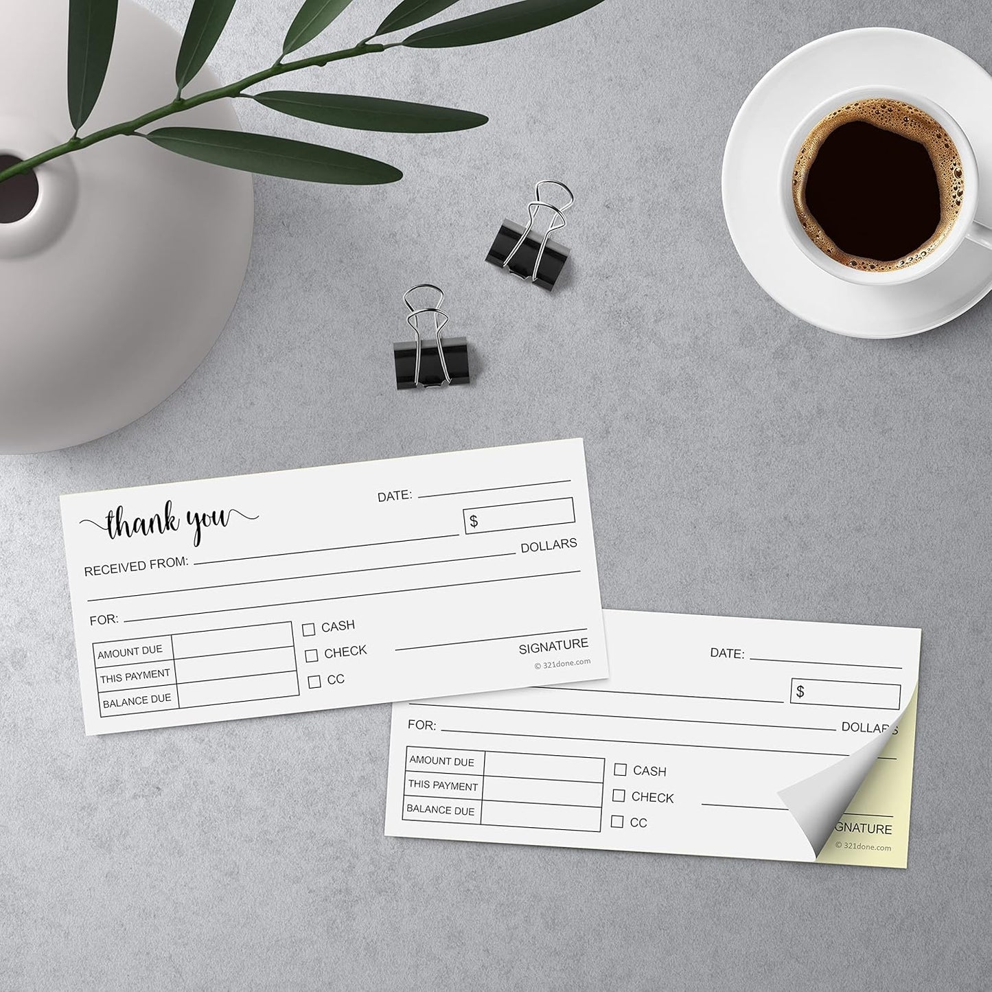 321Done Thank You Receipt Book 2-Pack, 2.75x6 Pocket Size 2-Part Carbonless, Made in USA, Cute Handheld Duplicate Copy Order Form for Craft Boutique Business (50 Sets) White/Yellow