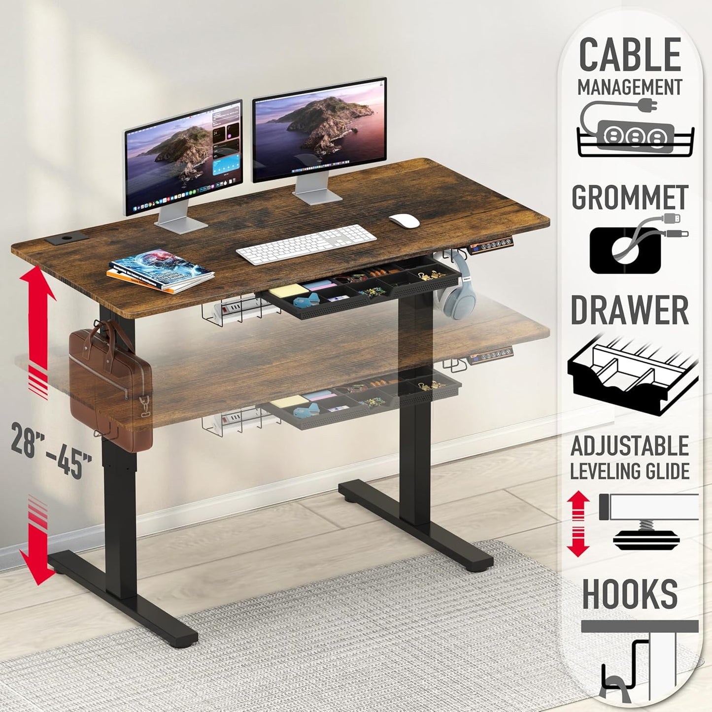 SHW 48-Inch Electric Height Adjustable Standing Desk with Drawer, Memory Preset and Cable Management Tray, Rustic Brown