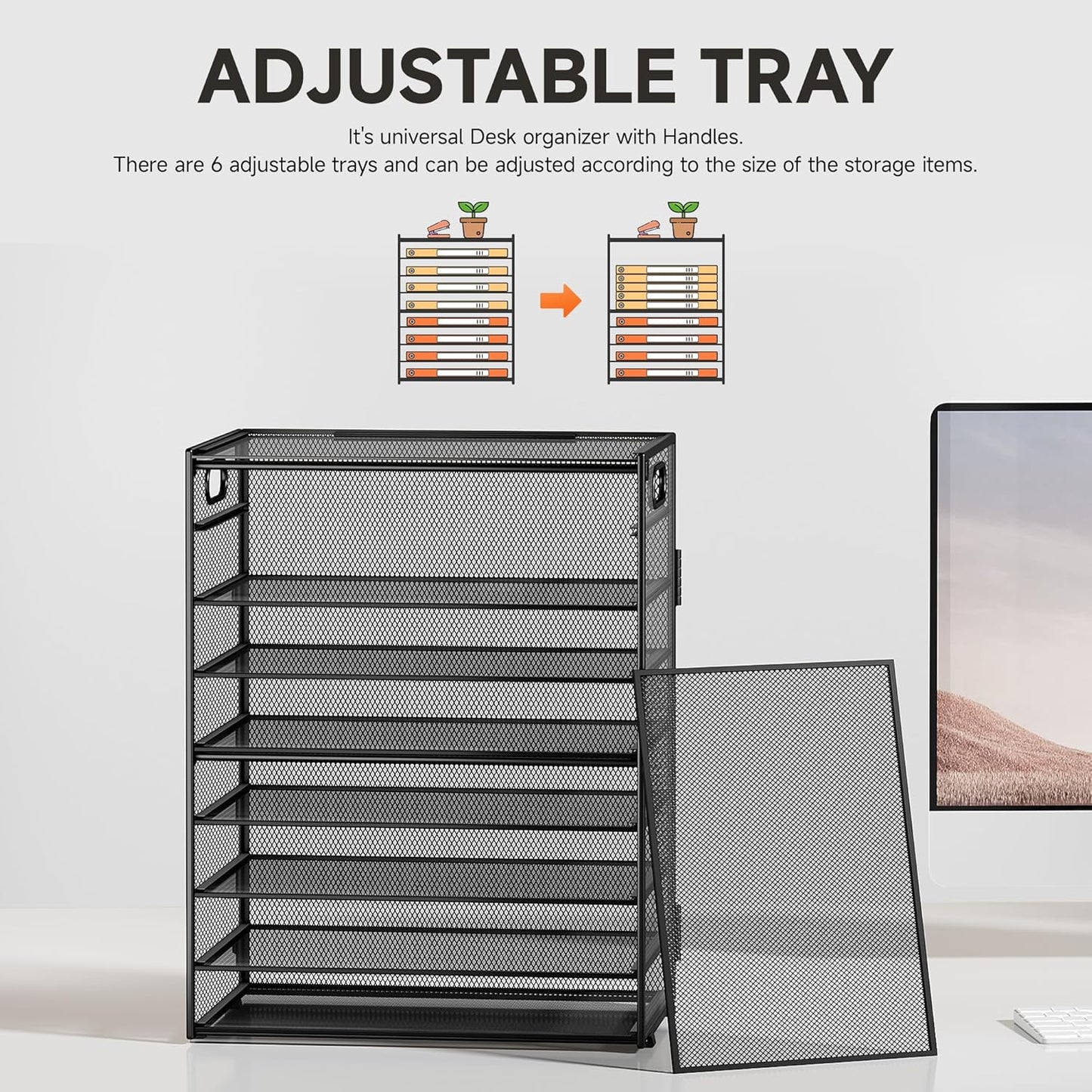 SUBEKYU 9 Tier Paper Organizer for Desk - Black Metal Mesh Letter Tray File Paper Sorter Organizer Include 6 Pcs Adjustable Height Slid Tray with Handles for Office School Home Organization Storage