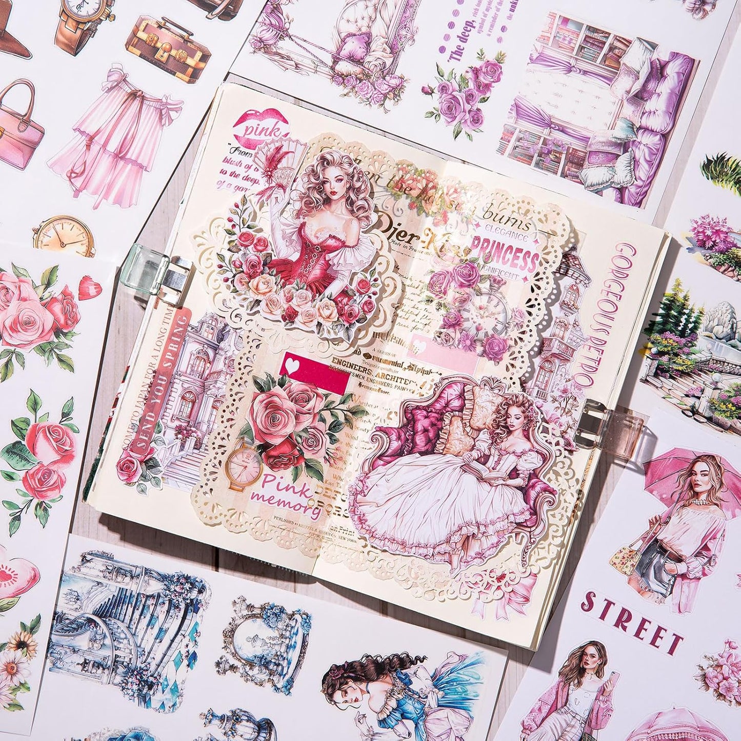 YagCu Journal Sticker Book, Moment of Love Scrapbook Stickers, Junk Journal Supplies, Pre-Cut Aesthetic Scrapbooking and Journaling for Women, Pink Decorative Ephemera Bullet Planner DIY Arts