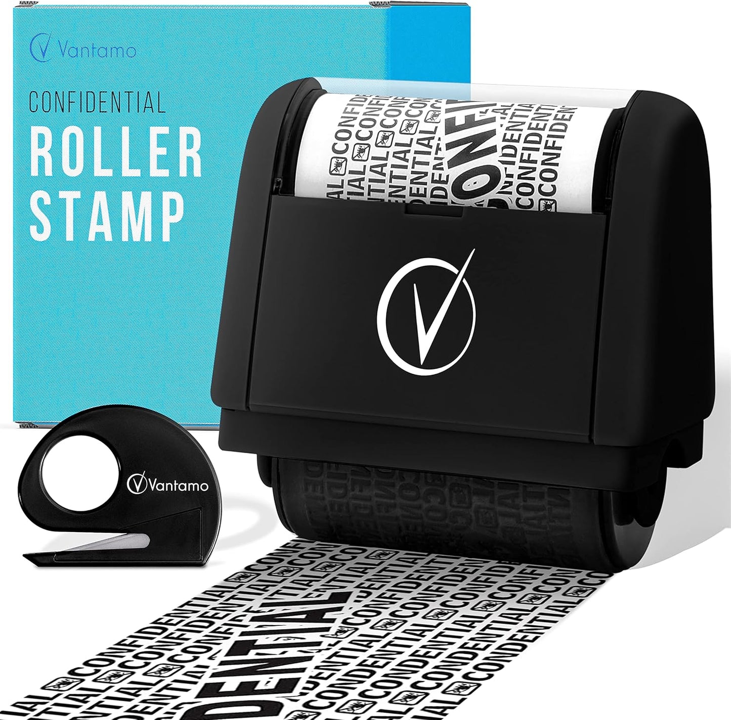 Vantamo Identity Theft Protection Roller Stamp for Hiding Sensitive Information, Wide Confidential Stamp with Box Cutter, Security Stamp Roller for Identity Theft Prevention, Black