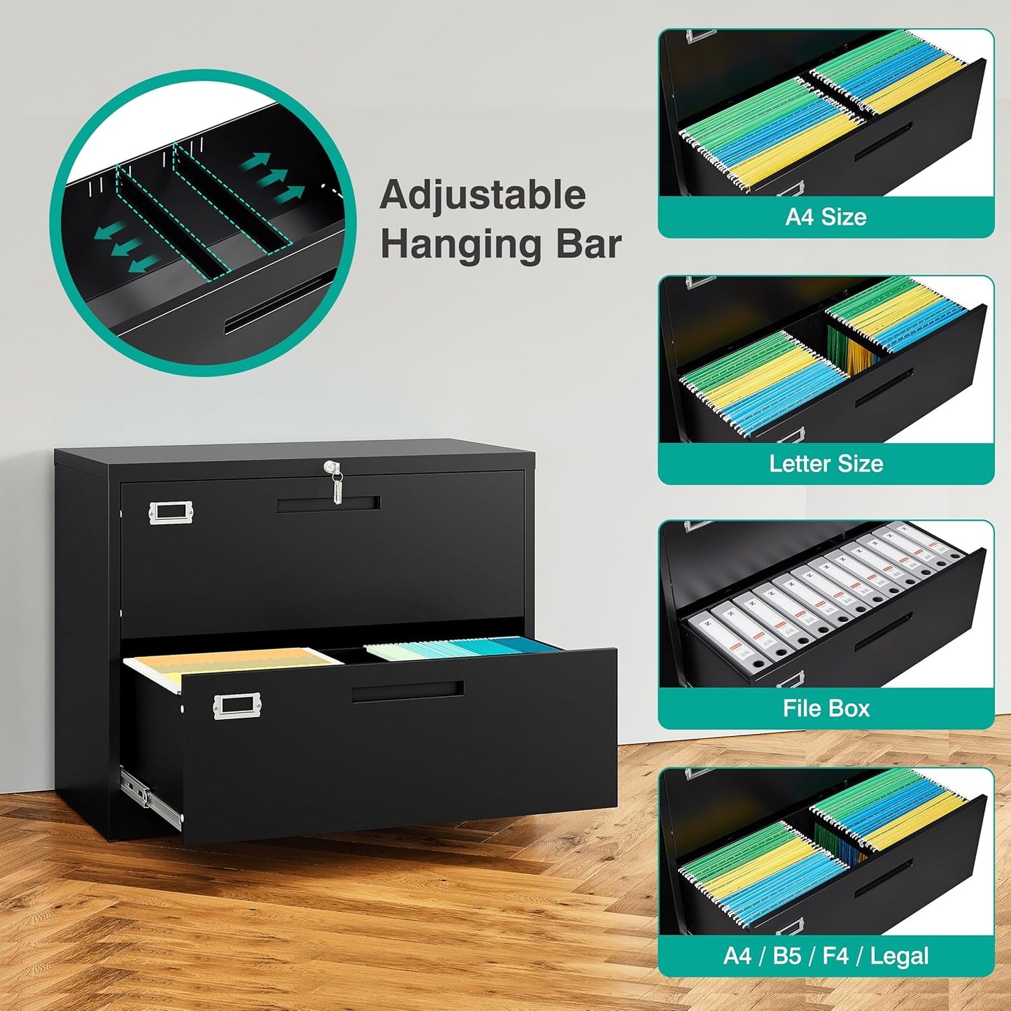 SISESOL 2 Drawer Lateral File Cabinet with Lock,Black Lateral Filing Cabinet,Horizontal Metal Filing Cabinet,Locked Wide Two Drawer File Cabinet for Office Home,Fit A4/F4/Letter/Legal File