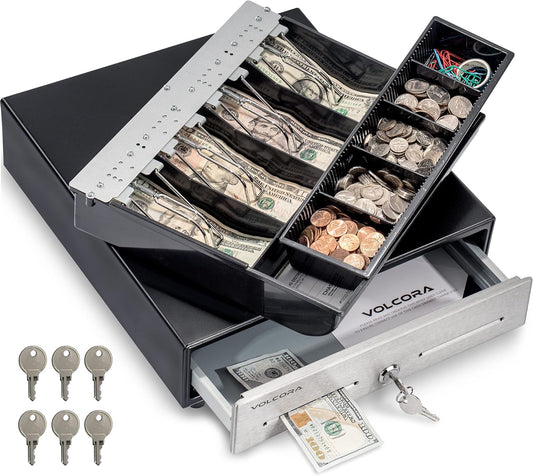 Volcora 13" Cash Register Drawer for Point of Sale (POS) System - Black with Stainless Steel Front - Fully Removable 2 Tier Cash Tray, 4 Bill/5 Coin, 24V, RJ11/RJ12 Key-Lock, Double Media Slot