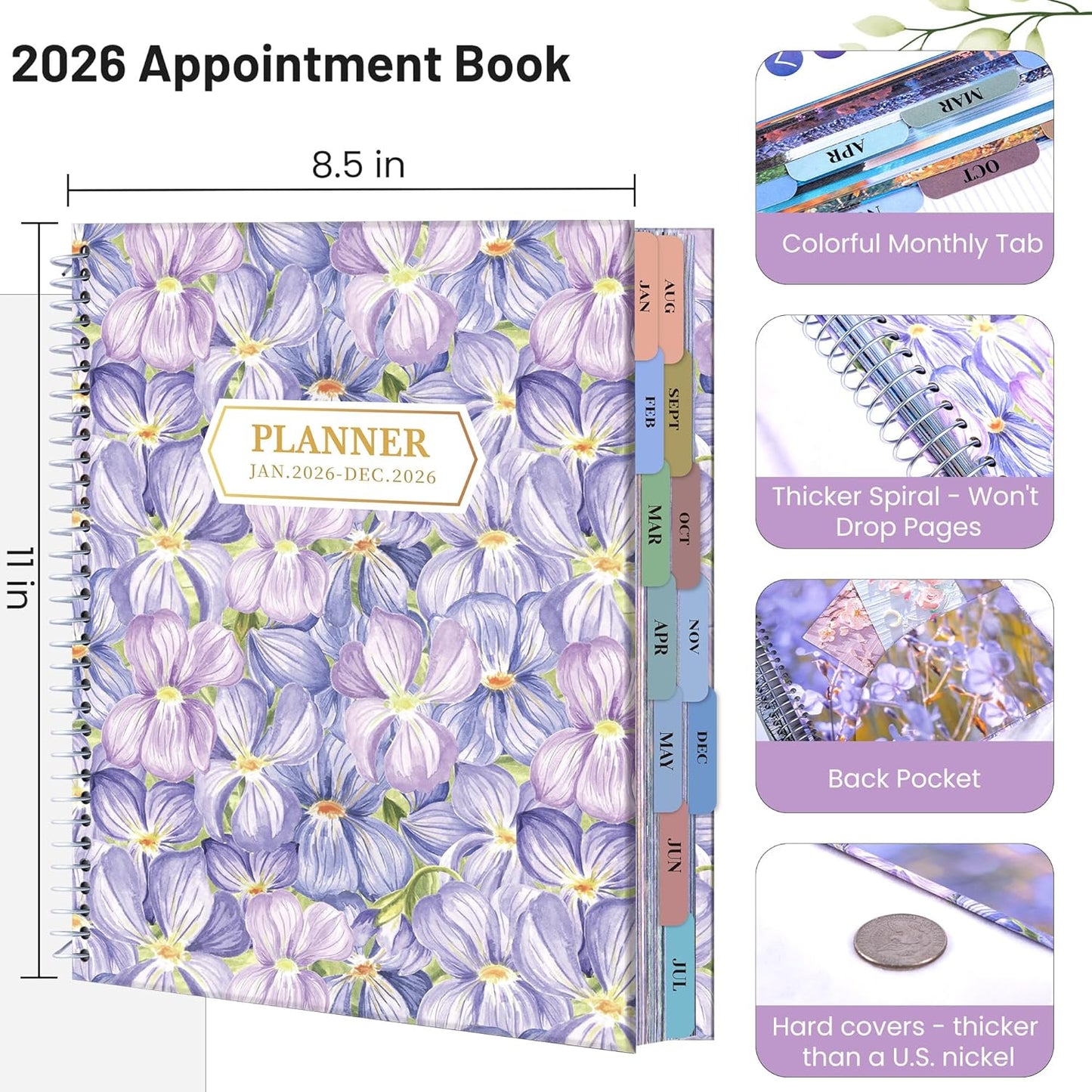 CAGIE Planner 2026 Monthly (Jan. 26-Dec. 26), 12 Month Academic Planner 8.5"x11", Large Daily Planner with Hourly Timeslot, Monthly Tab, Spiral Binding, Bookmark