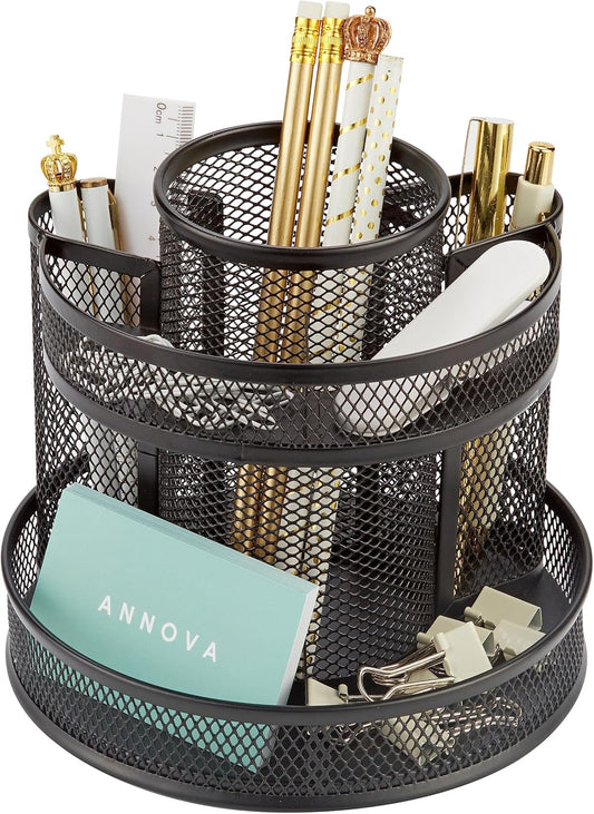 Annova Mesh Desk Organizer Rotate with 5 Compartments Round Spinning Tidy Candy/Pen Holder Desk Accessories Office, Art Supply, Storage, Classroom, Home (Black)