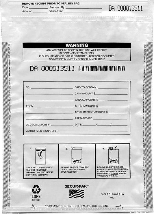Deposit Bags with Pocket - Pack of 100 - Premium, Level 4 Security Tamper Evident, White Security Bags - Self Sealing, Opaque 2.5 Mil Plastic - 9" x 12" - hBARSCI