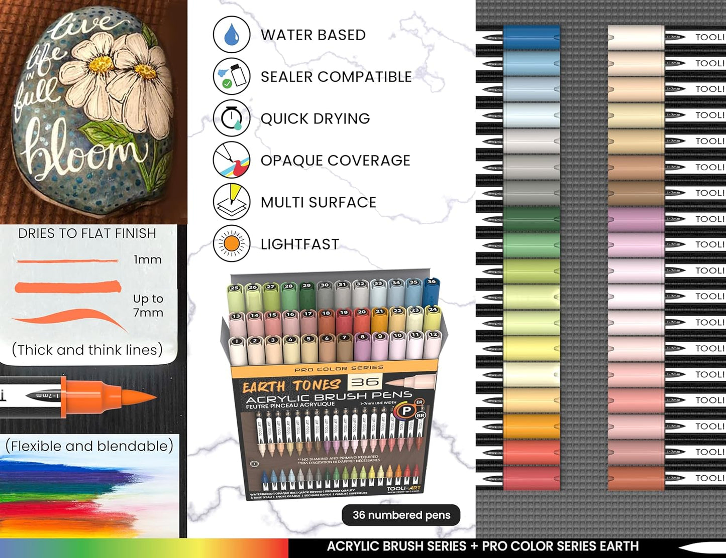 36 Flexible Brush Tip Earth Tones Acrylic Paint Pens Markers Set 1-7mm Line for Rock Painting, Brush Lettering, Glass, Mugs, Wood, Metal, Canvas, Fabric, Plastic. Non Toxic Waterbased Quick Drying