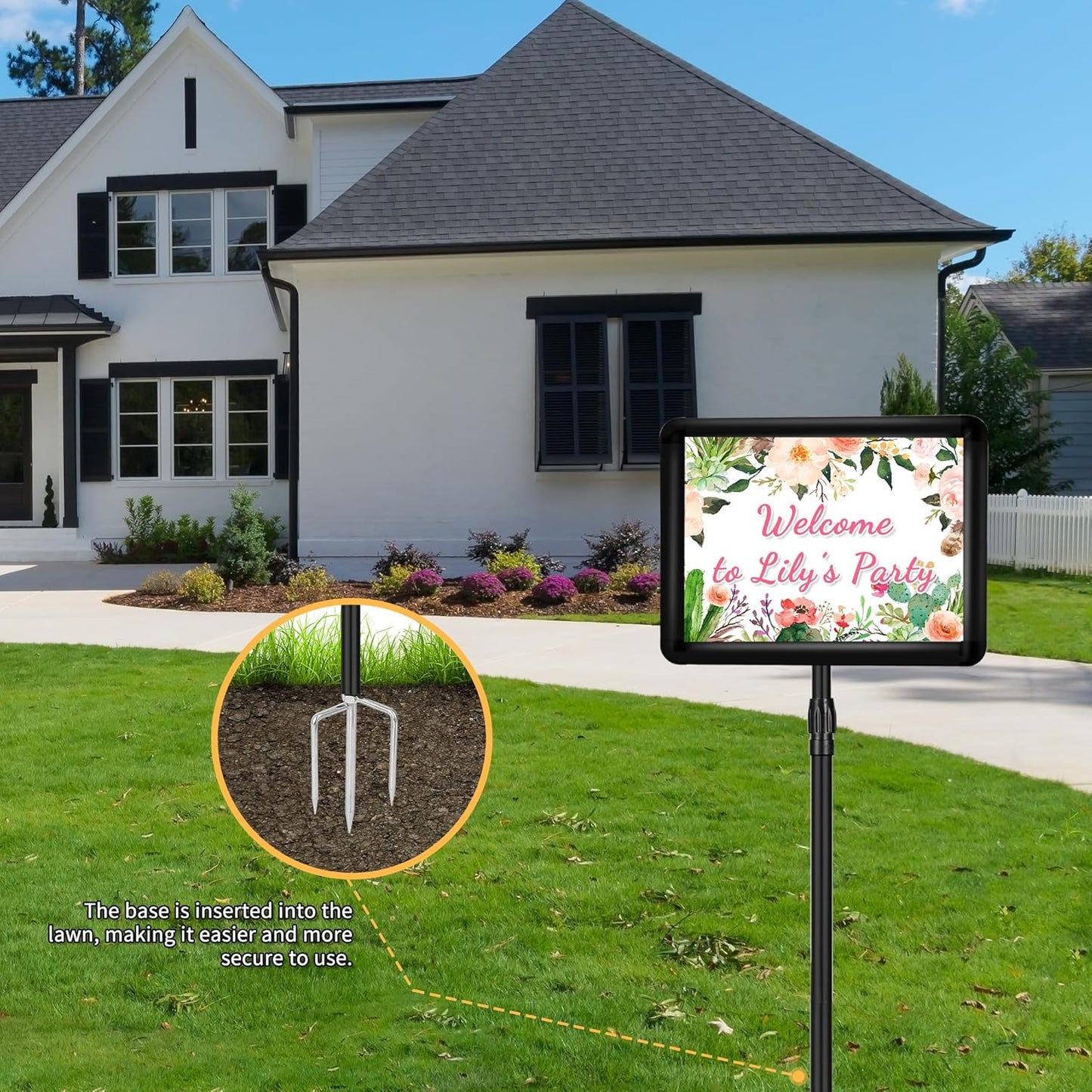 Sign Holder Stand 8.5 x 11, With 3-Prong-Base & Round Base, Poster Stand Aluminum Snap Open Frame for A4 Size Outdoor Indoor Sign Stand, Height Adjustable-Black