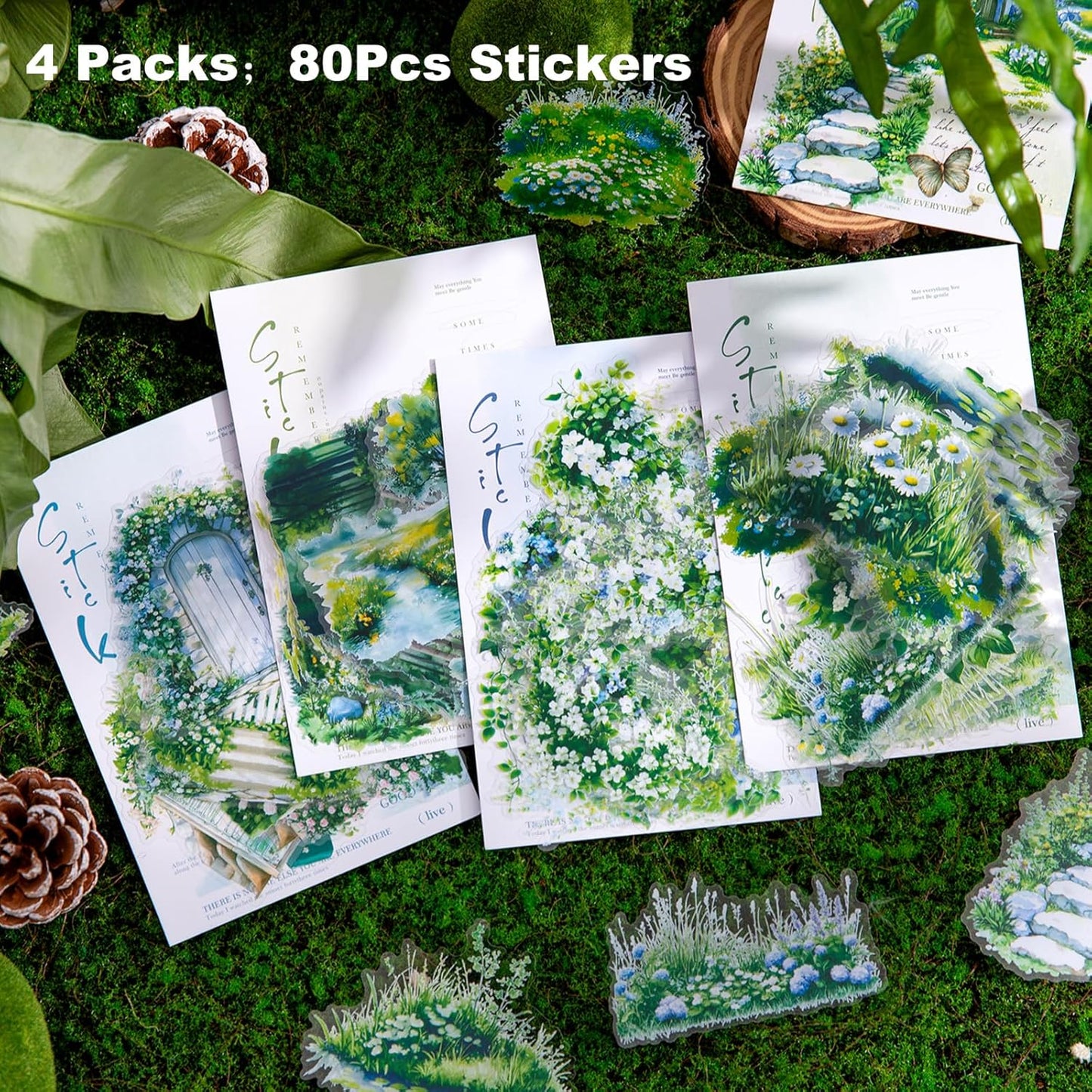 Greenery PET Sticker Set, 80PCS Nature Landscape Stickers for Scrapbooking Journaling DIY Crafts Garden Floral Decorative Supplies