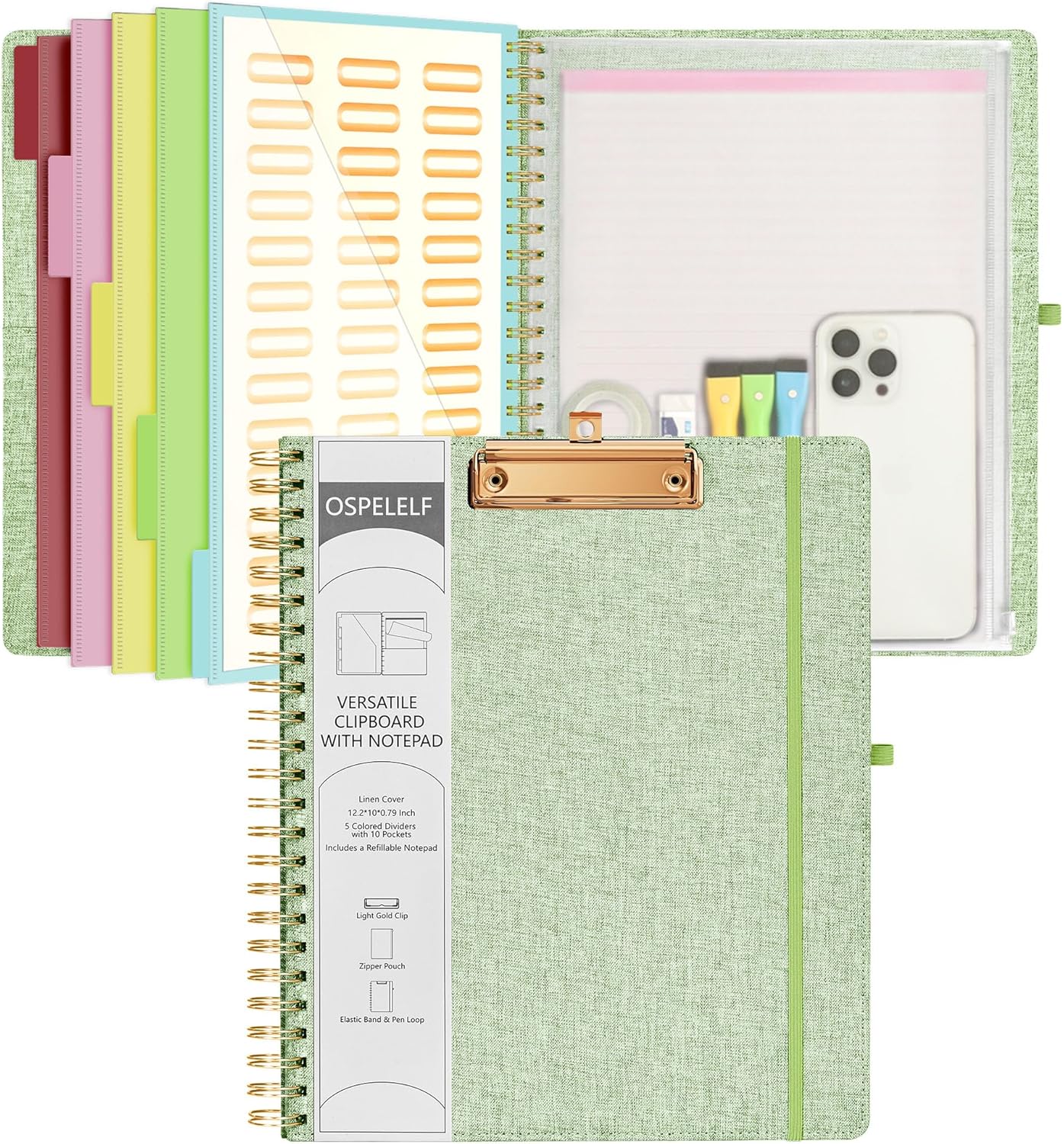 Ospelelf Green Foldable Spiral Clipboard Folio with Storage Zipper Pouch, 5 Plastic Folders with 10 Pockets, Refillable Lined Notepad (11" x 8.5"), Linen Hardcover Project Organizer