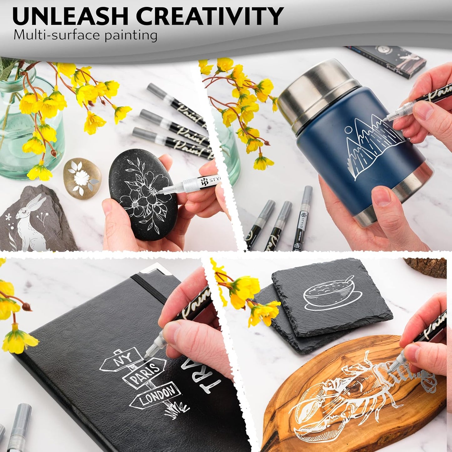 Stylo 8 Count Acrylic Metallic Pens - Silver Paint Pens - Fine Tip Permanent Acrylic Metallic Paint Markers for Rock Painting, Glass, Wood, Ideal for Arts and Crafts (Pack of 8, Silver)