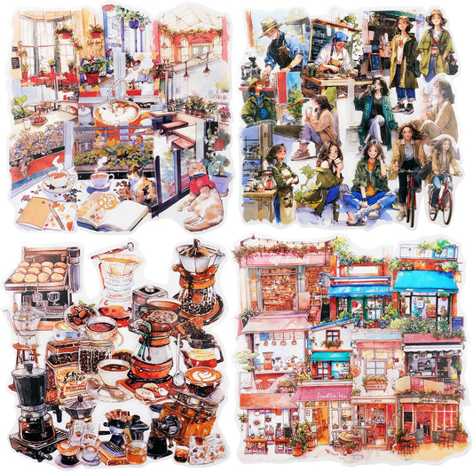 Coffee Memories PET Stickers, 120 PCS Vintage Cafe Scene Stickers for Scrapbook, Journals, Planners and DIY Craft Decoration