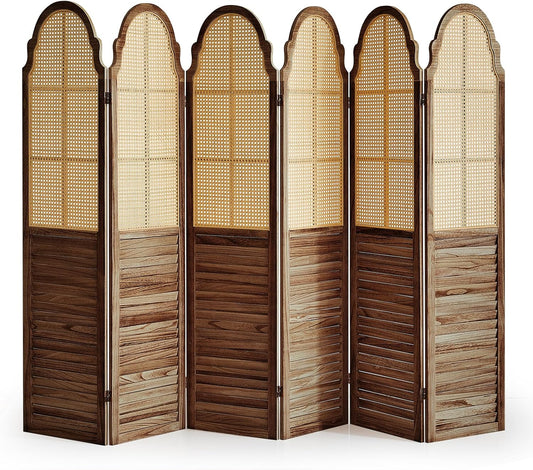 6 Panel Rattan Folding Screen Room Divider, Privacy Dividers for Rooms, Louvered Partition Dividers, Room Divider Panel for Bedroom, Dressing Room, Balcony, Dark Brown