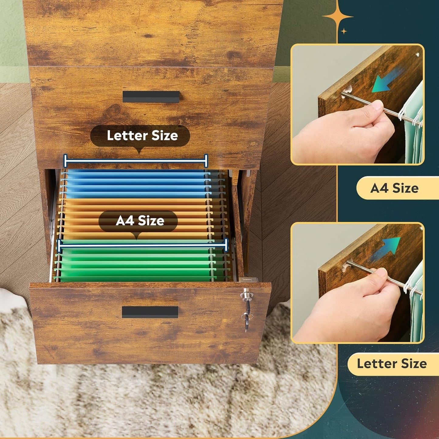 DEVAISE 3 Drawer File Cabinet with Lock, Vertical Wood Filing Cabinet for Home Office, Printer Stand for Letter and A4 Size, Rustic Brown