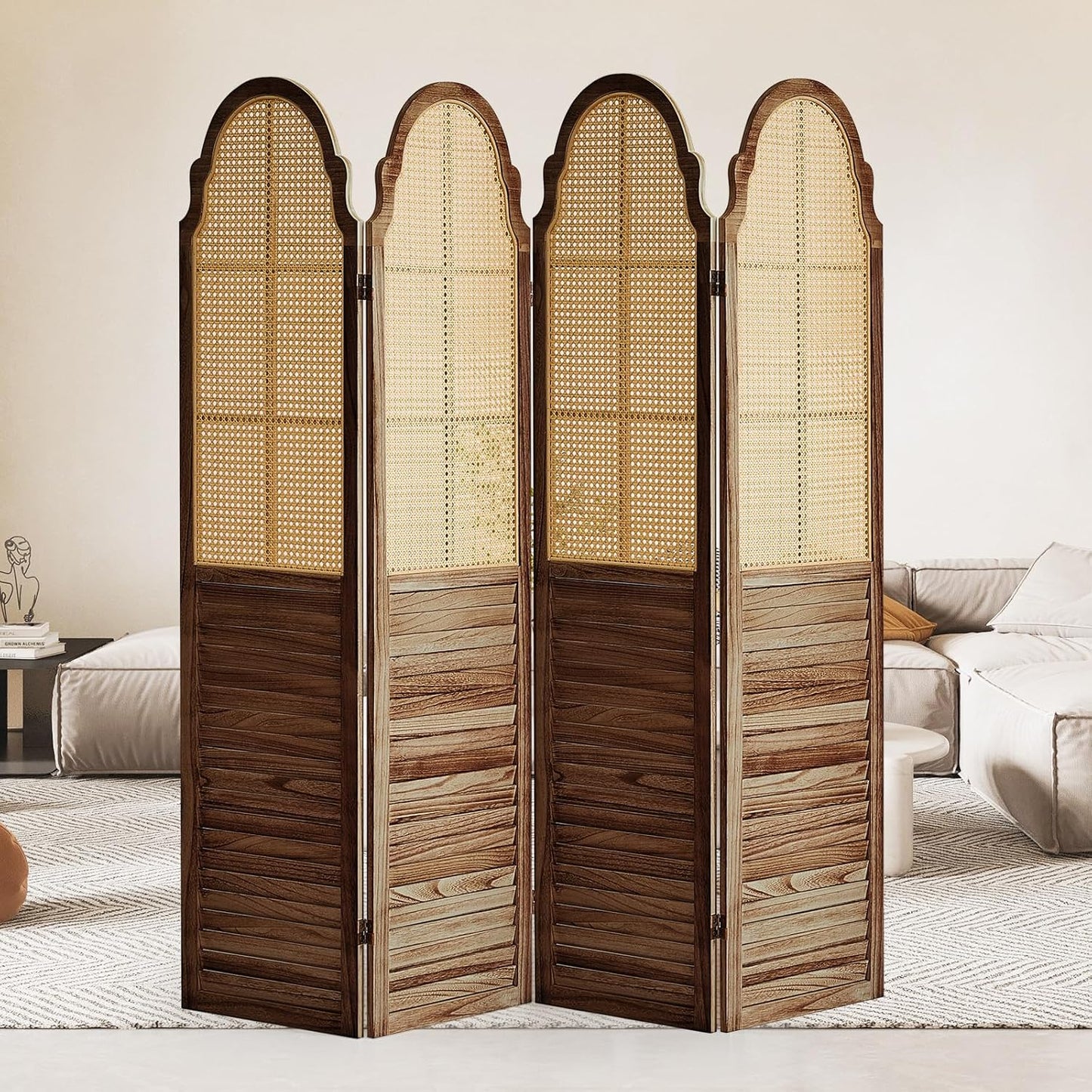 4 Panel Rattan Room Divider Panel, 5.6Ft Partitions and Dividers, Louvered Partition Divider, Room Dividers Screen, Solid Wood Frame, Folding Screen, Bedroom, Family Room, Dark Brown