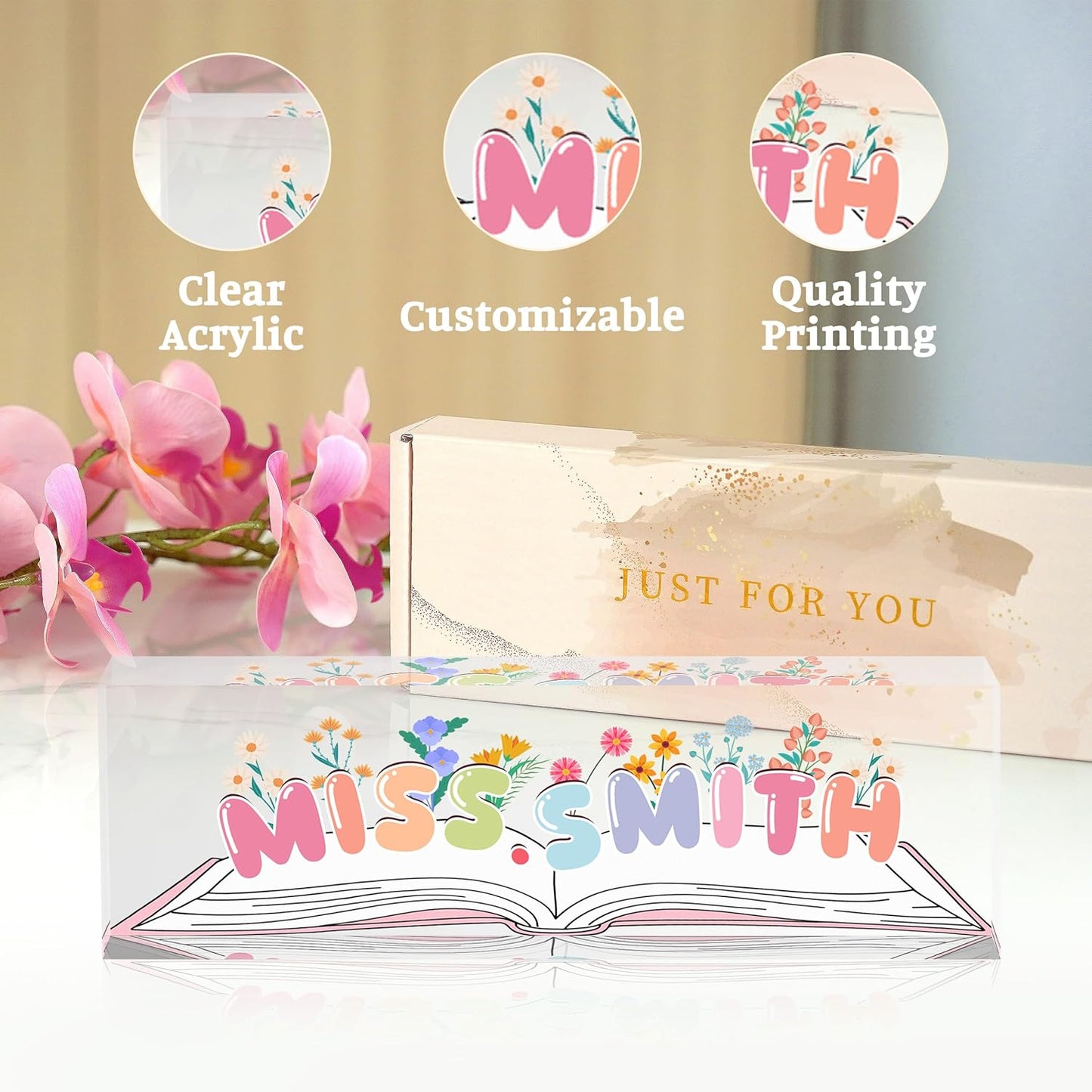 Teacher Name Plate for Desk, Desk Name Plate Personalized Acrylic Office Desk Decor, Teacher Appreciation Gifts The Office Gifts for Teacher