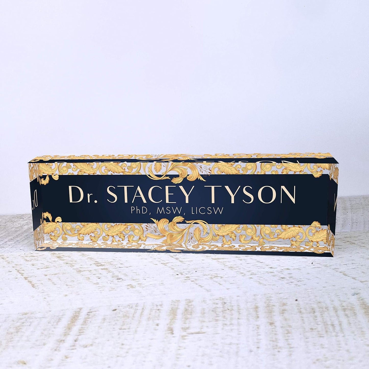 Artblox Office Desk Name Plate Personalized | Custom Name Plates For Desks | Leaf Gold Design On Clear Acrylic Glass | Cute Office Desk Accessories Customized Gifts - (8" x 2.5")