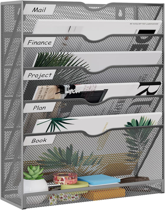 EasyPAG 5-Tier Wall File Holder, Mesh Hanging Folder Organizer with Classify Label, Versatile Desk File Organizer for Office Home, Vertical Wall Mounted Mail Sorter, Sides Closed, Silver