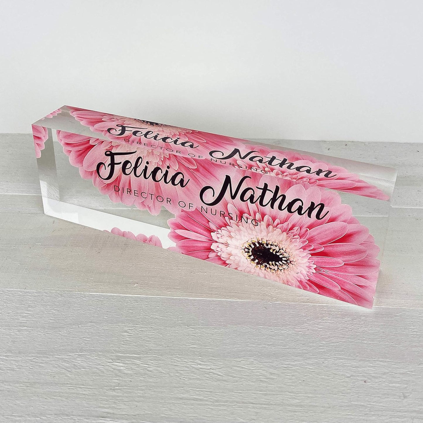 Artblox Office Desk Name Plate Personalized | Custom Name Plates for Desks | Pink Daises Design On Clear Acrylic Glass | Office Desk Decor - (8" x 2.5")