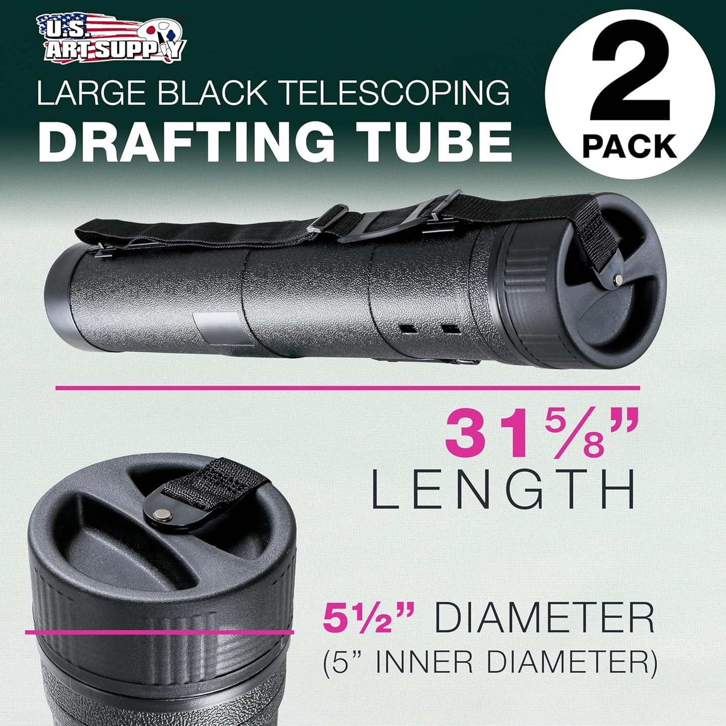 U.S. Art Supply Large Telescoping Drafting Tube (Pack of 2) - 5-1/2" Outside/5" Inside Diameter, Expands 31-5/8" to 53-3/4", Durable Protection with Shoulder Strap - Ideal for Posters, Blueprints, Art